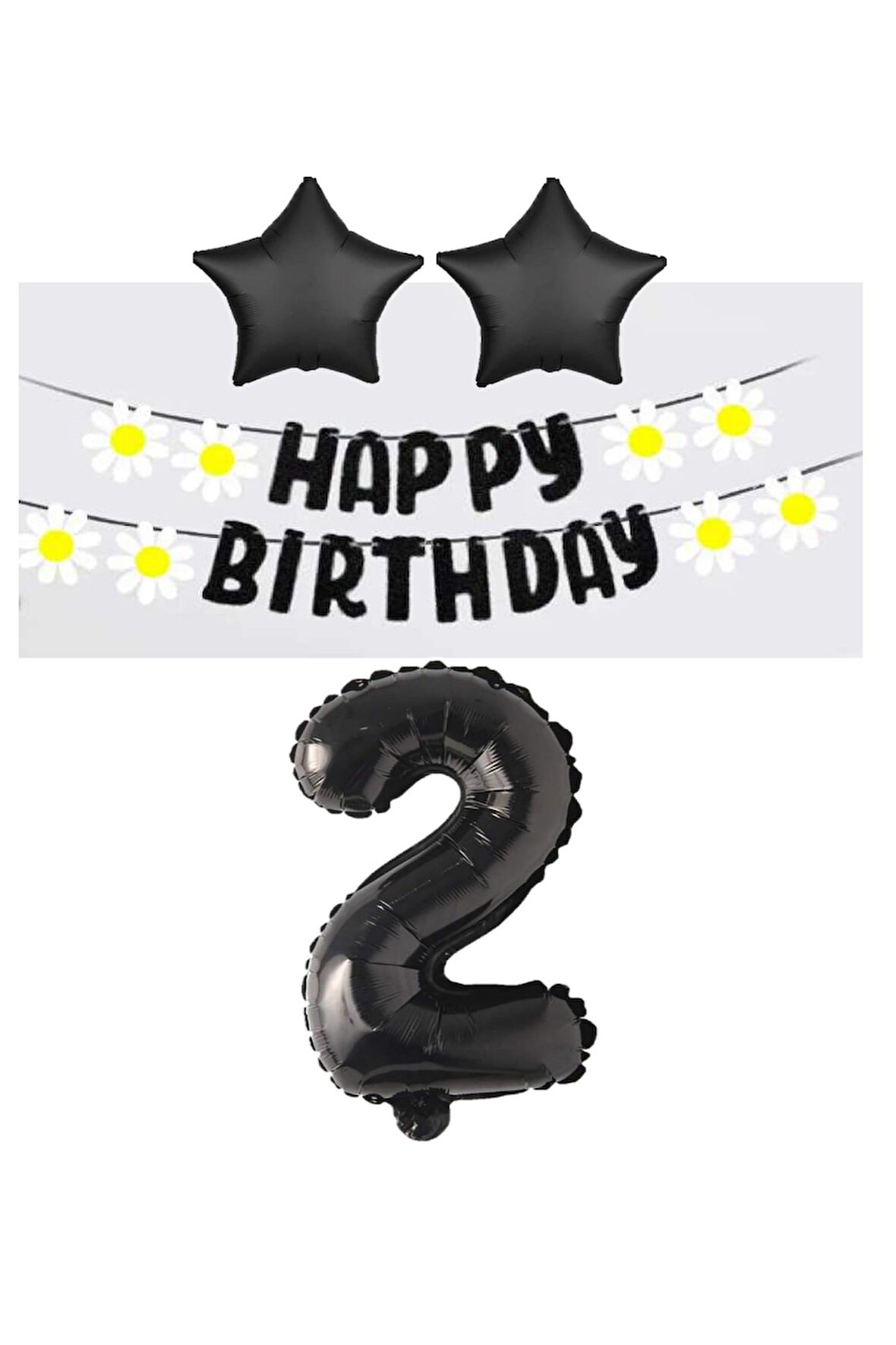 Best Siyah Rakam Yıldız Folyo Balon Happy Bırthday Beyaz Papatya Eva Banner Seti Yaş 2