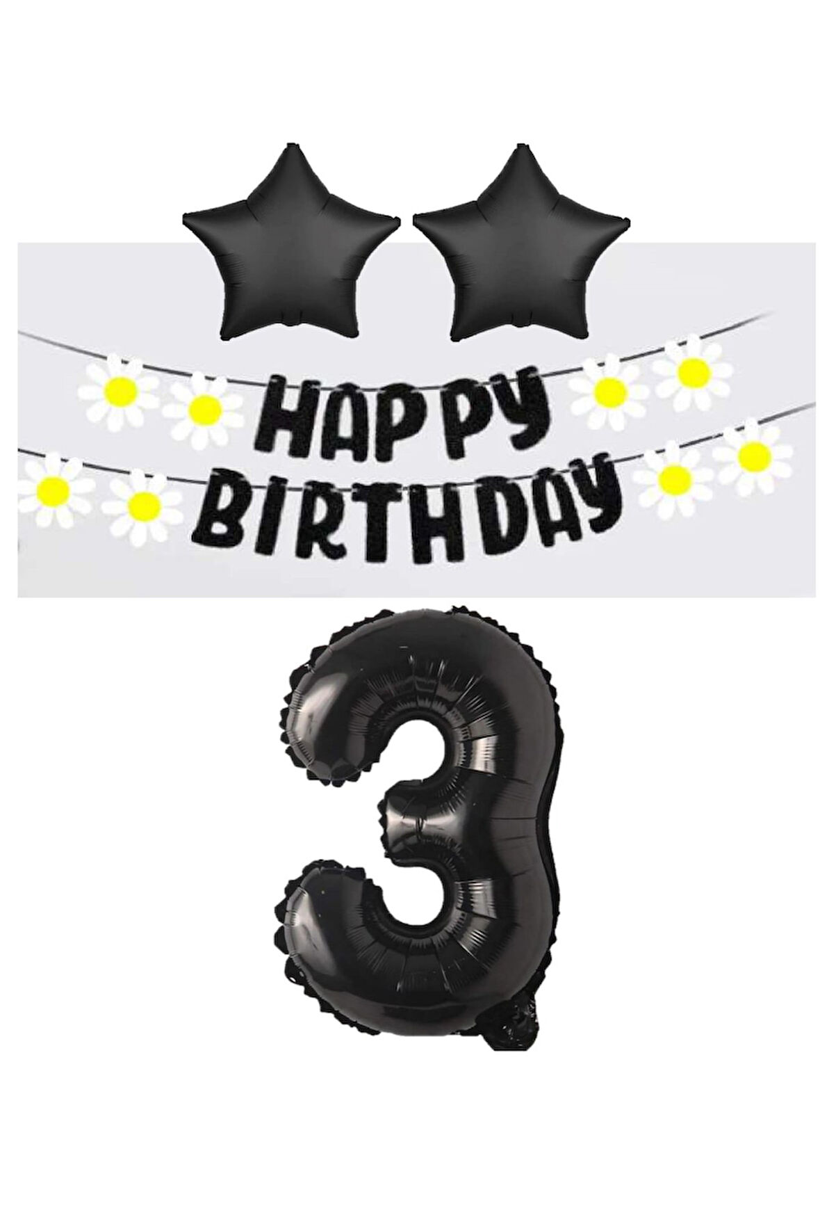 Best Siyah Rakam Yıldız Folyo Balon Happy Bırthday Beyaz Papatya Eva Banner Seti Yaş 3