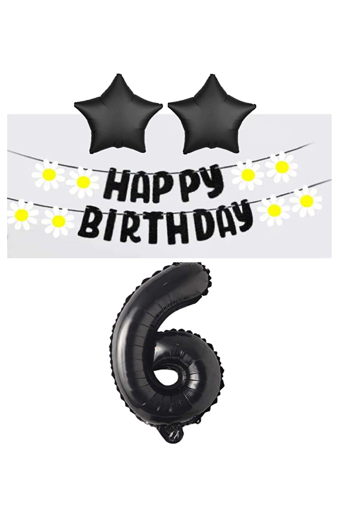 Best Siyah Rakam Yıldız Folyo Balon Happy Bırthday Beyaz Papatya Eva Banner Seti Yaş 6