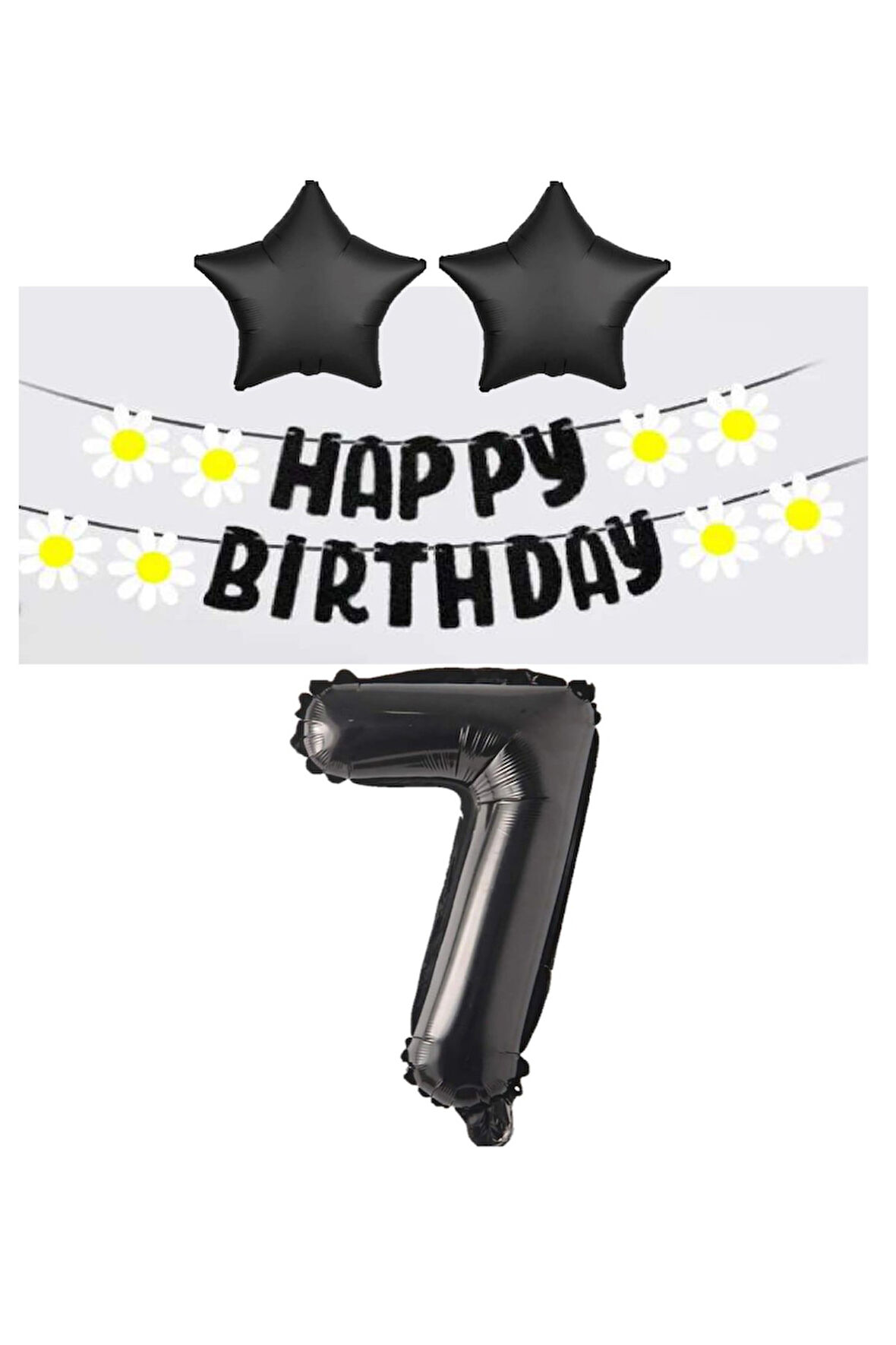 Best Siyah Rakam Yıldız Folyo Balon Happy Bırthday Beyaz Papatya Eva Banner Seti Yaş 7