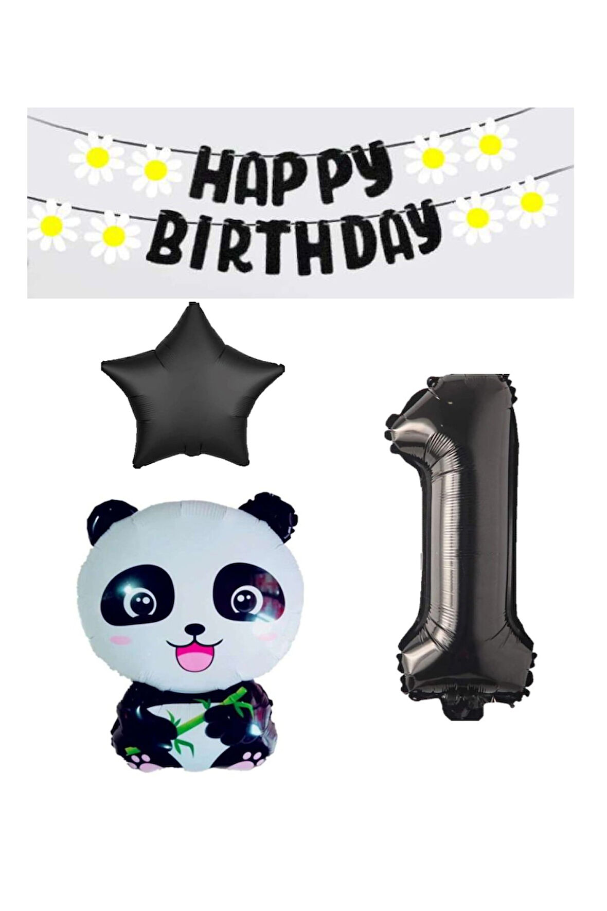 Best Siyah Banner Yıldız Rakam Panda Doğum Günü Parti Seti Yaş 1