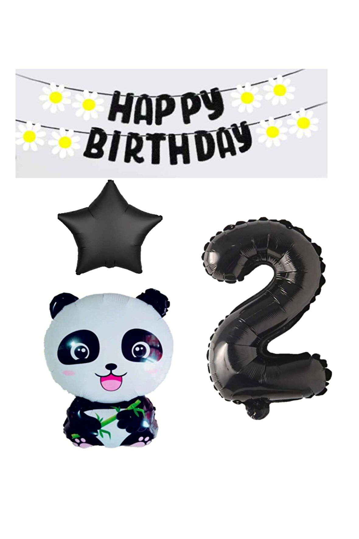 Best Siyah Banner Yıldız Rakam Panda Doğum Günü Parti Seti Yaş 2