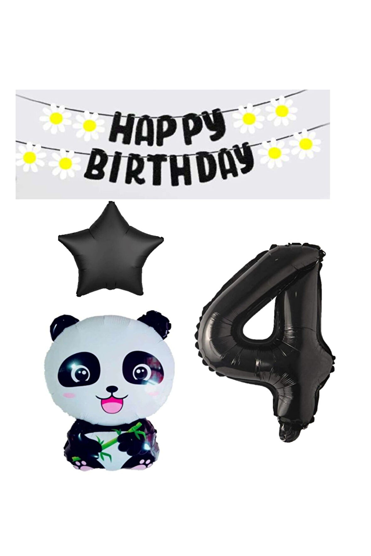 Best Siyah Banner Yıldız Rakam Panda Doğum Günü Parti Seti Yaş 4
