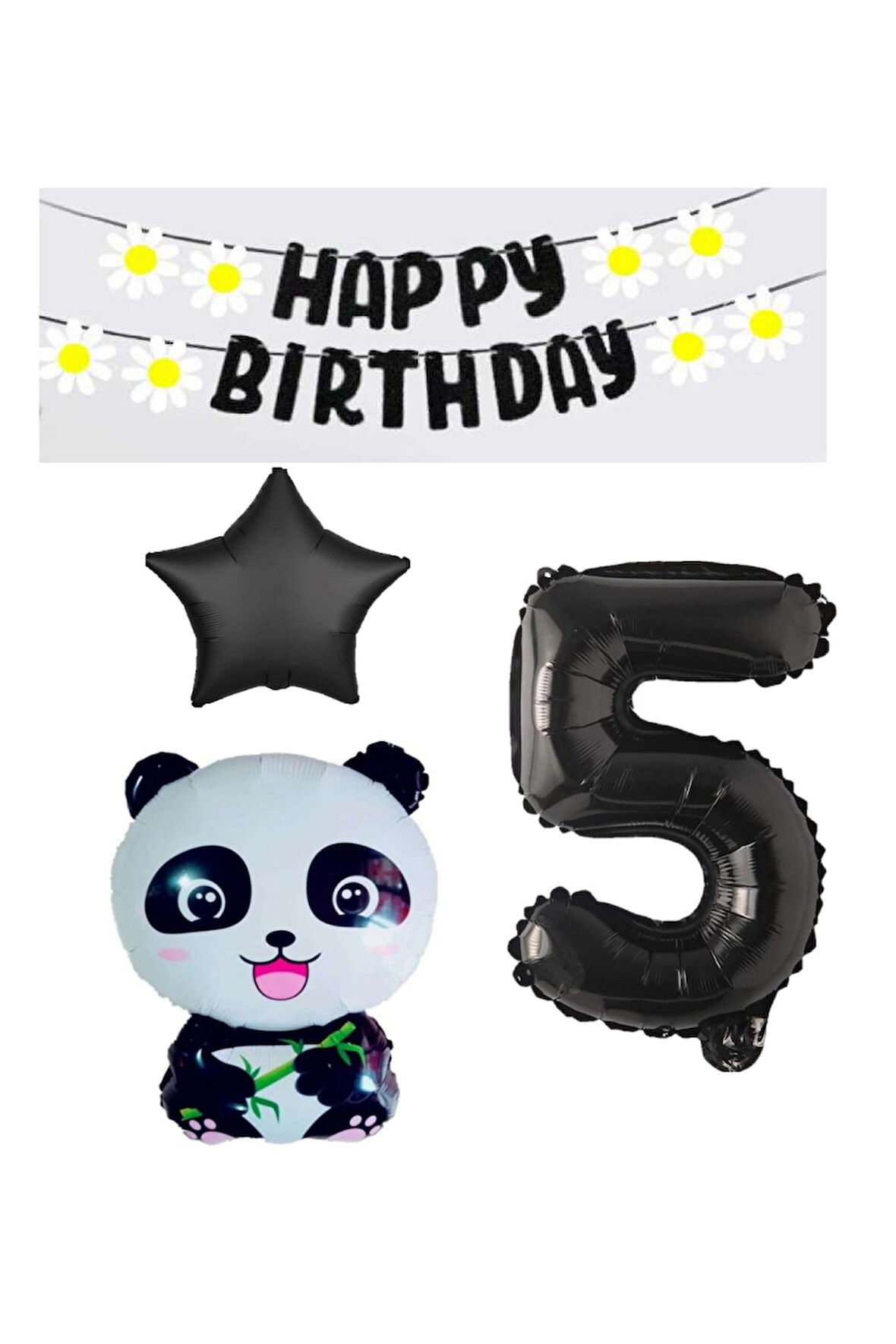 Best Siyah Banner Yıldız Rakam Panda Doğum Günü Parti Seti Yaş 5