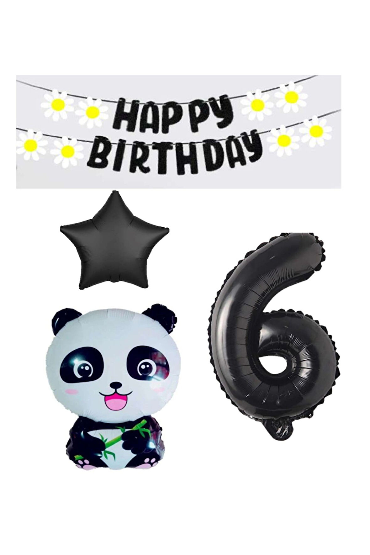 Best Siyah Banner Yıldız Rakam Panda Doğum Günü Parti Seti Yaş 6