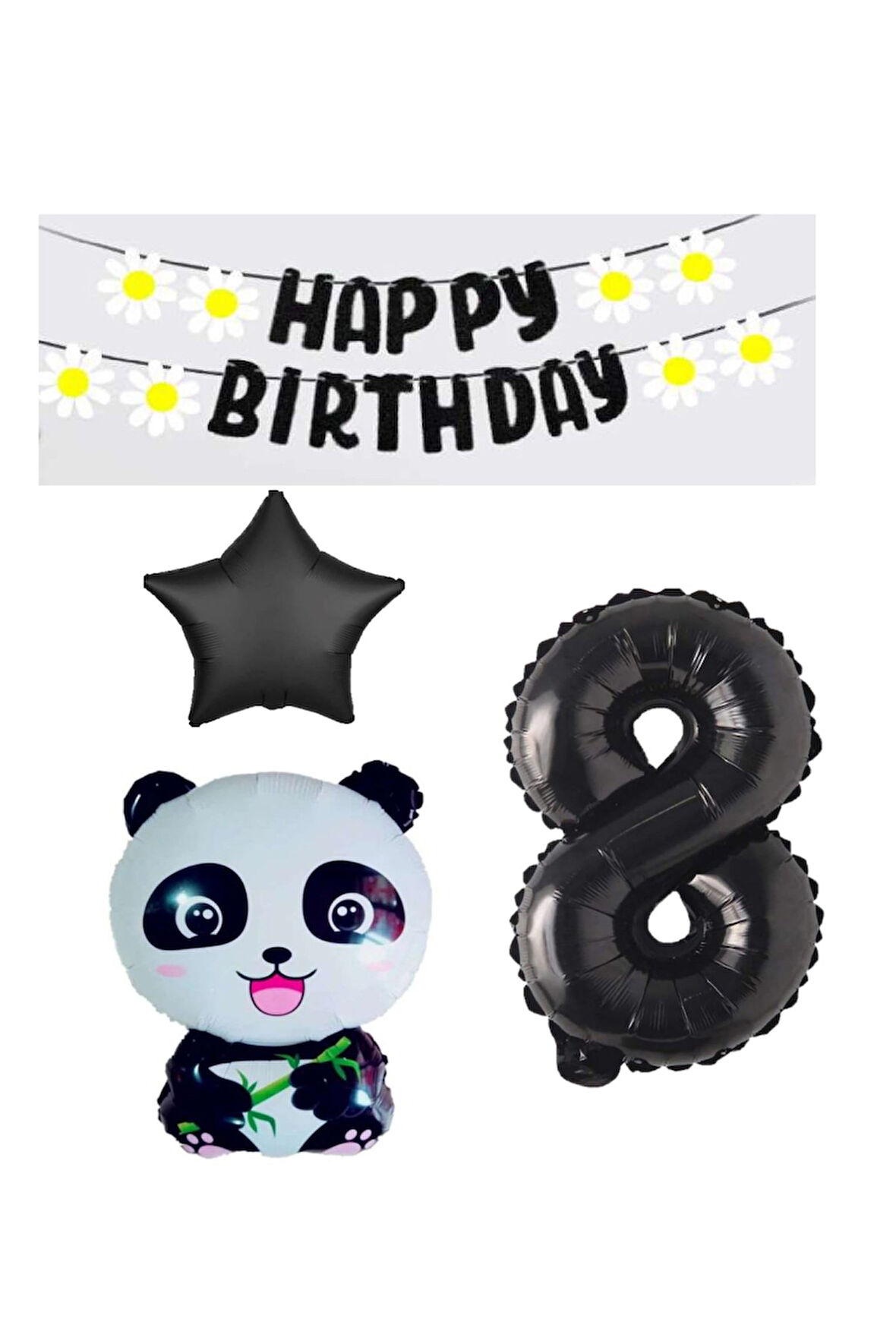 Best Siyah Banner Yıldız Rakam Panda Doğum Günü Parti Seti Yaş 8