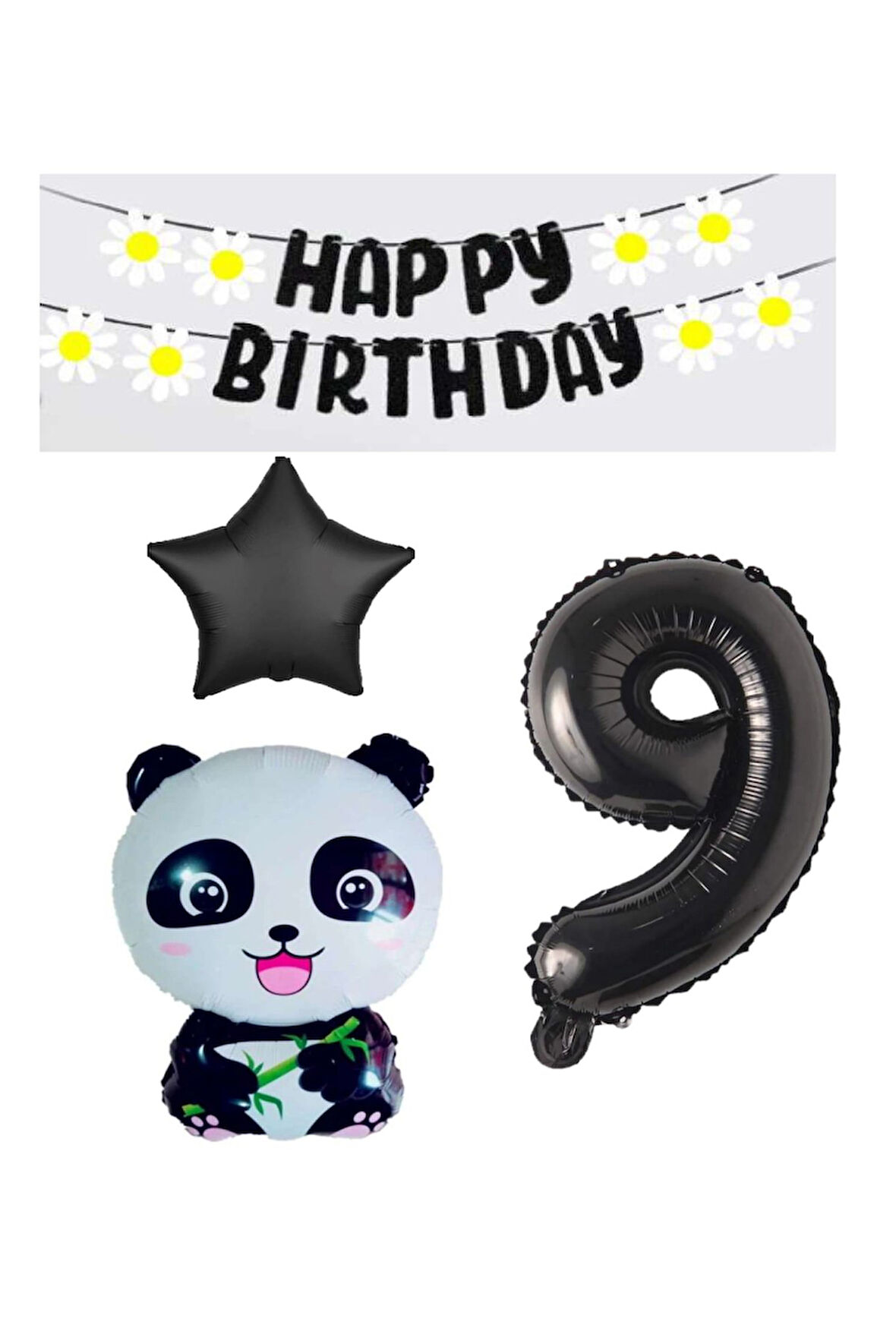 Best Siyah Banner Yıldız Rakam Panda Doğum Günü Parti Seti Yaş 9