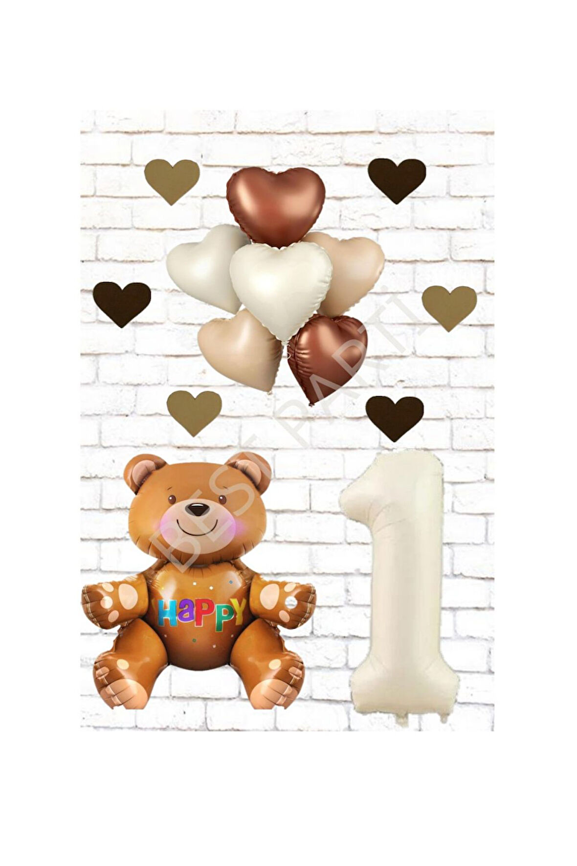 Best Rakam Oturan Ayı Kalp Folyo Balon ve Eva Kalp Doğum Günü Seti Yaş 1