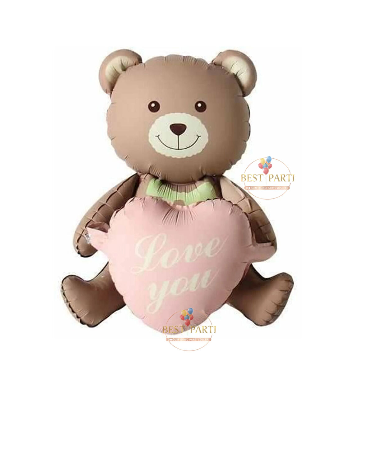 Best Love You Yazılı Retro Yeşil Kalpli Oturan Ayı Folyo Balon