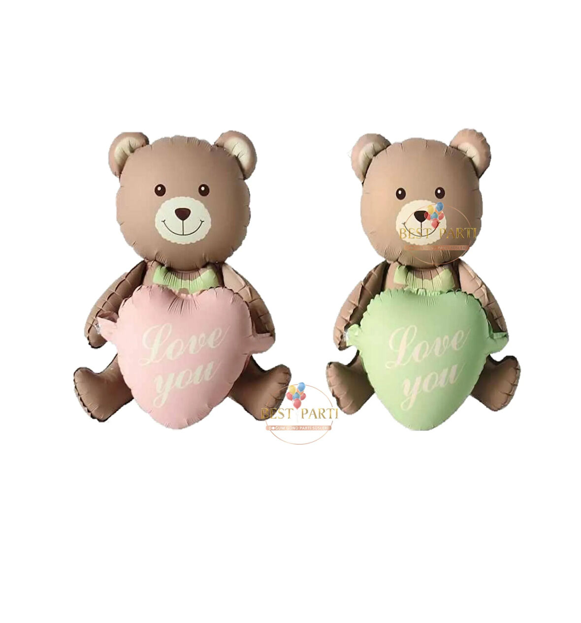 Best 2'Lİ Love You Yazılı Retro Yeşil ve Pembe Kalpli Oturan Ayı Folyo Balon