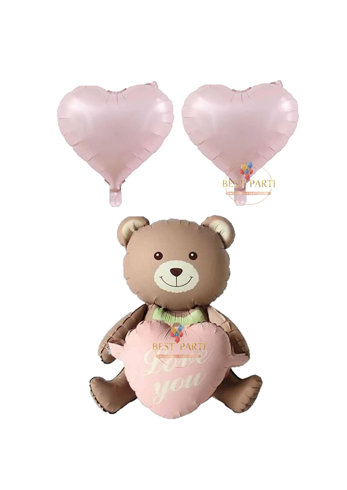 Best Love You Yazılı Retro Pembe Kalpli Oturan Ayı ve Kalpli Folyo Balon Seti