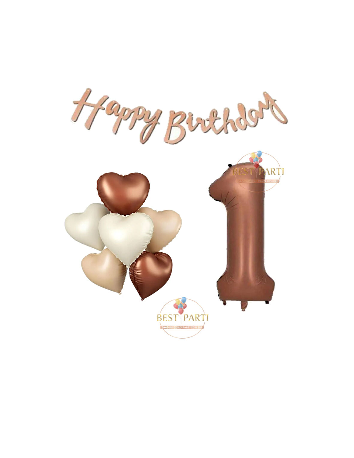 Best Happy Bıthday Yazılı Kahverengi Renk Rakam ve Kalpli Folyo Balon Seti Yaş 1