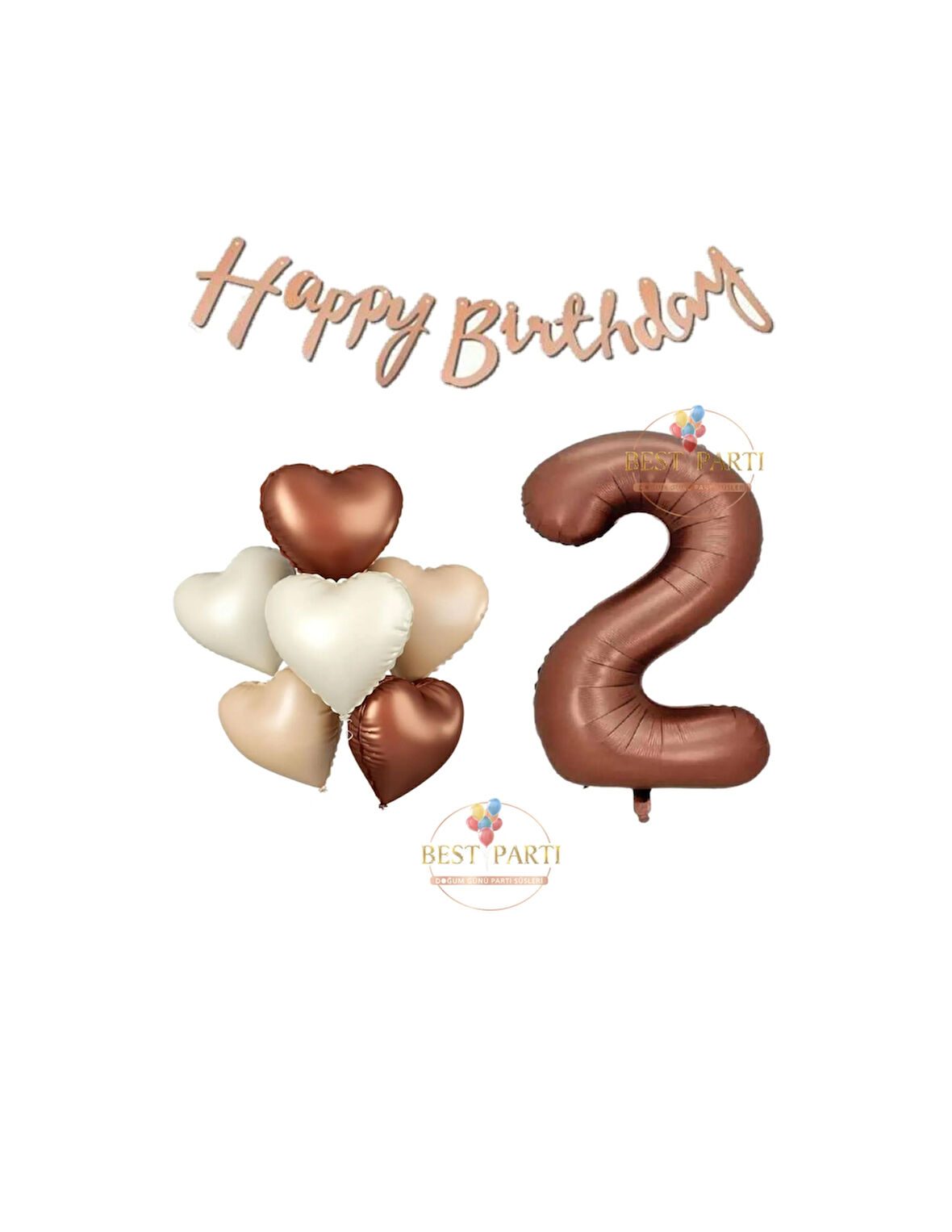 Best Happy Bıthday Yazılı Kahverengi Renk Rakam ve Kalpli Folyo Balon Seti Yaş 2