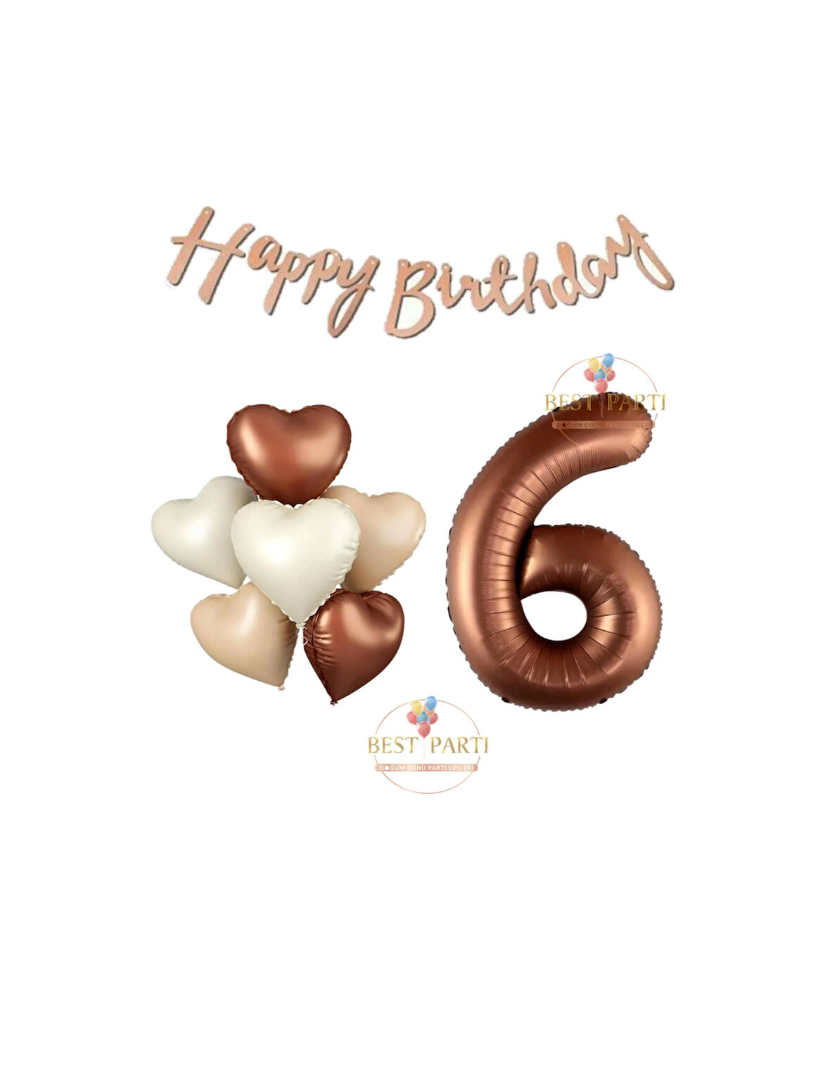 Best Happy Bıthday Yazılı Kahverengi Renk Rakam ve Kalpli Folyo Balon Seti Yaş 6