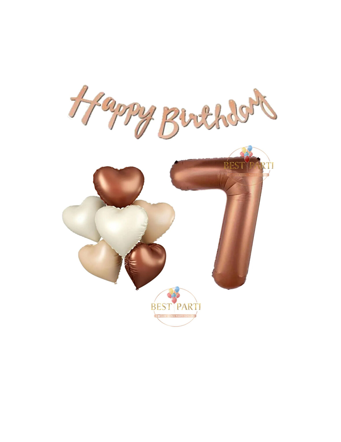 Best Happy Bıthday Yazılı Kahverengi Renk Rakam ve Kalpli Folyo Balon Seti Yaş 7