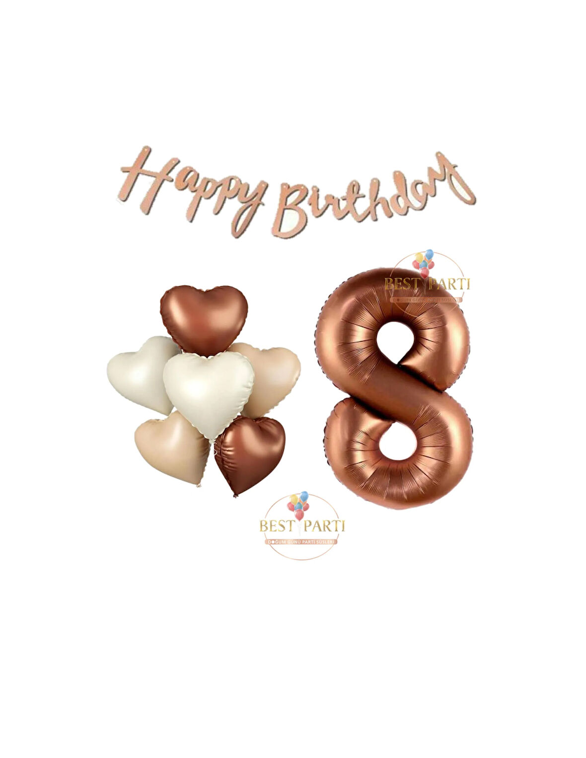 Best Happy Bıthday Yazılı Kahverengi Renk Rakam ve Kalpli Folyo Balon Seti Yaş 8