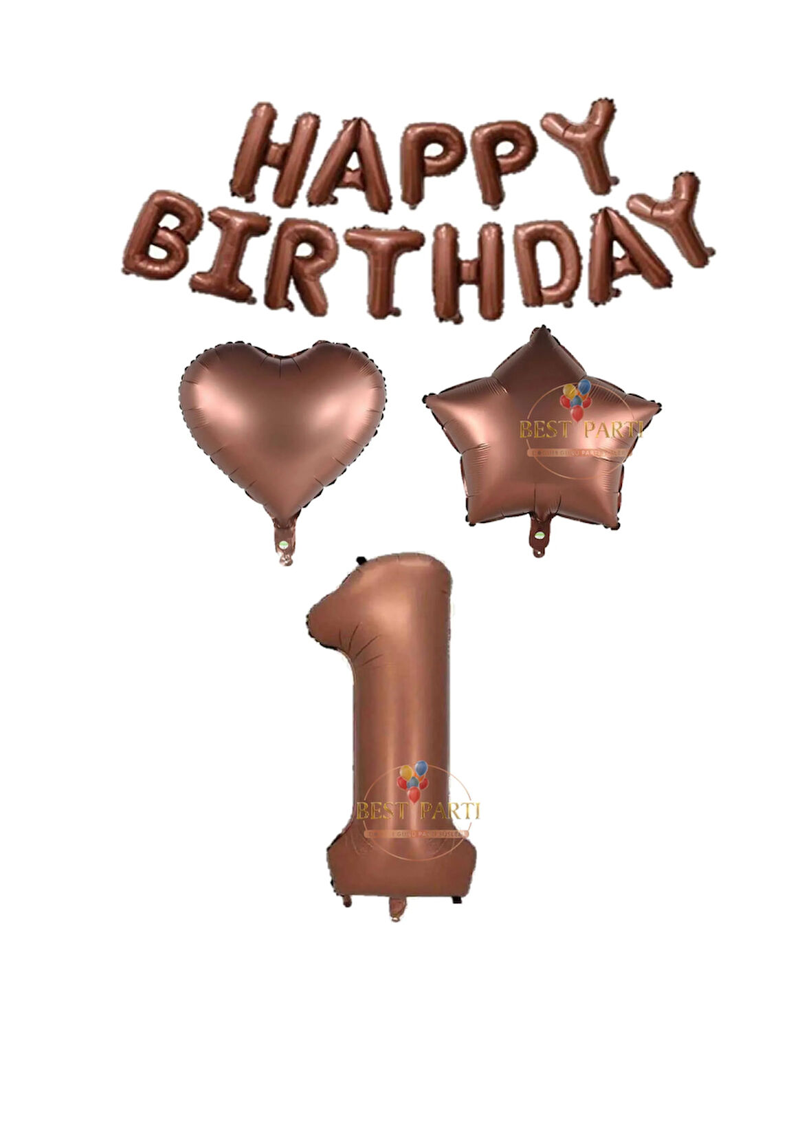 Best Kahverengi Renk Happy Bırthday Rakam Kalp Yıldız Folyo Balon Seti Yaş 1