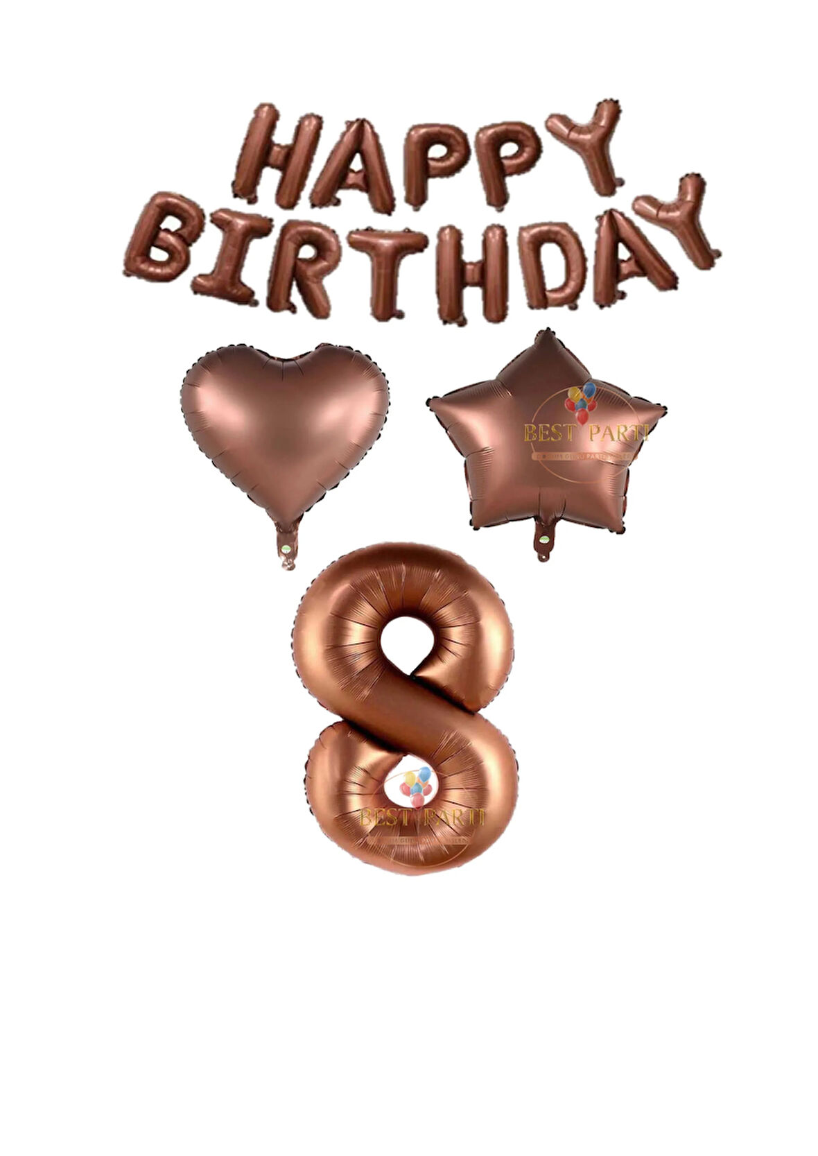 Best Kahverengi Renk Happy Bırthday Rakam Kalp Yıldız Folyo Balon Seti Yaş 8