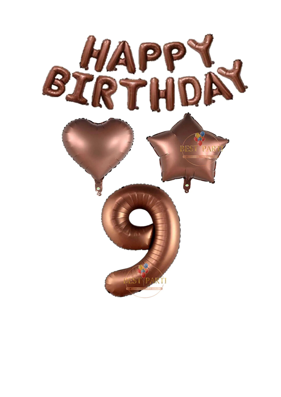 Best Kahverengi Renk Happy Bırthday Rakam Kalp Yıldız Folyo Balon Seti Yaş 9