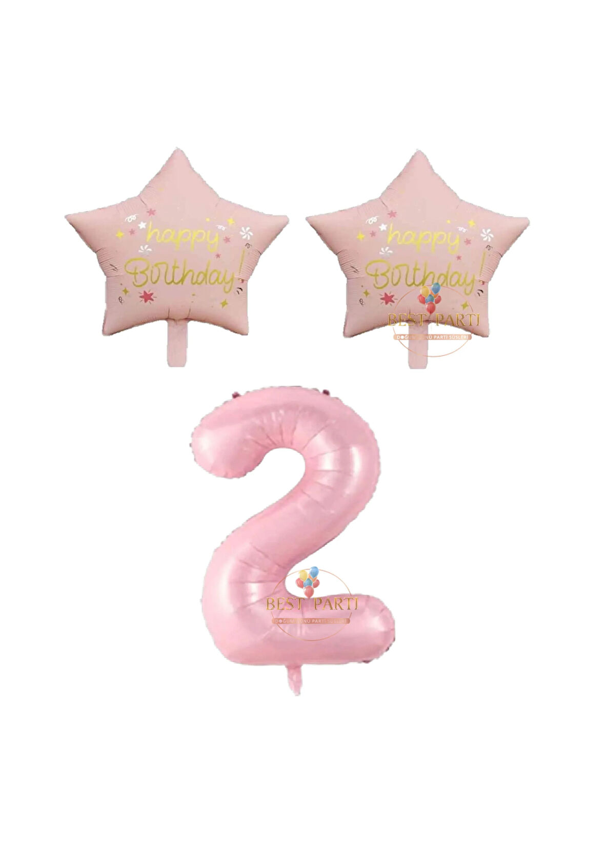 Best Pembe Renk Rakam ve Happy Bırthday Yazılı Yıldız Folyo Balon Seti Yaş 2