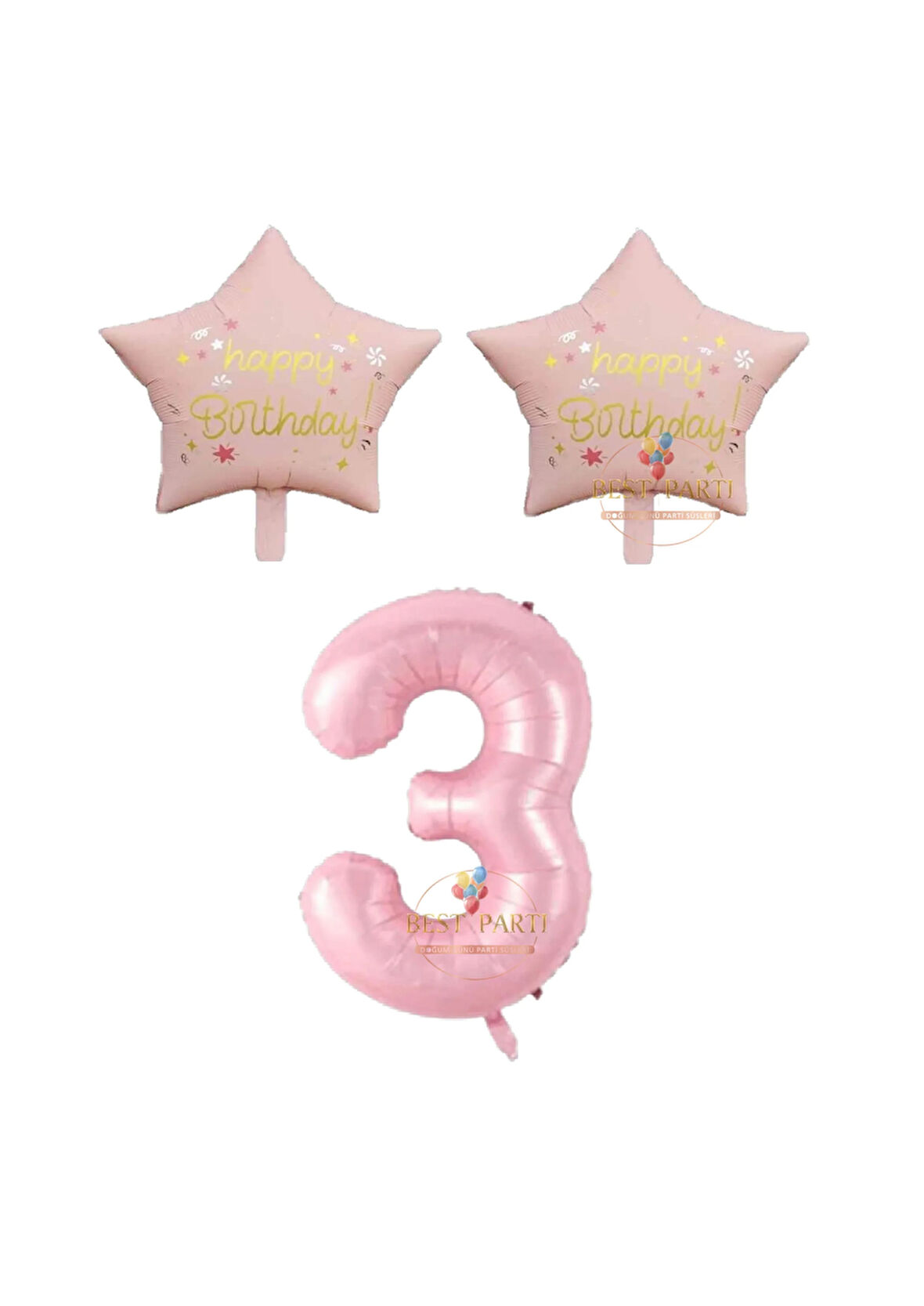 Best Pembe Renk Rakam ve Happy Bırthday Yazılı Yıldız Folyo Balon Seti Yaş 3