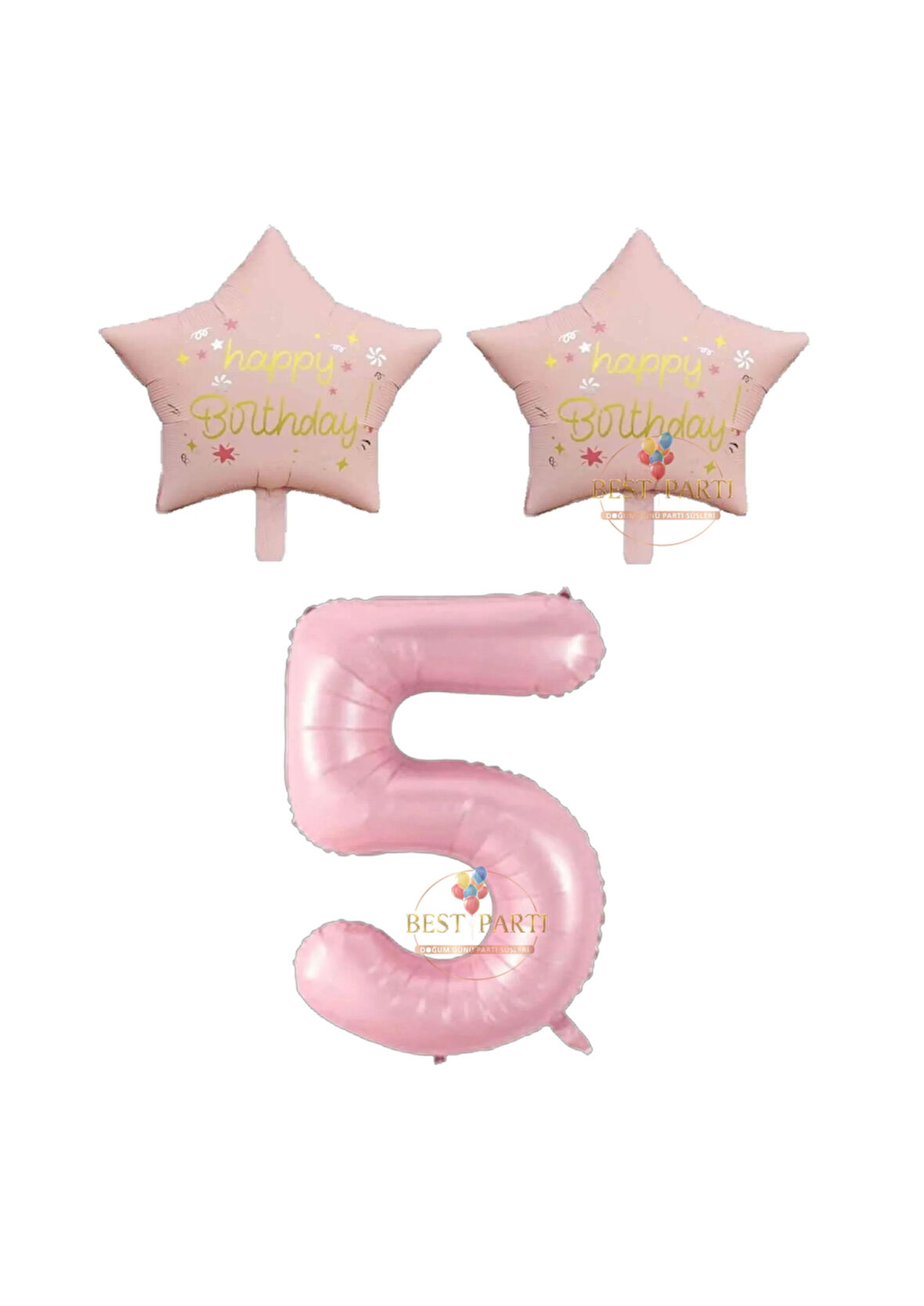 Best Pembe Renk Rakam ve Happy Bırthday Yazılı Yıldız Folyo Balon Seti Yaş 5