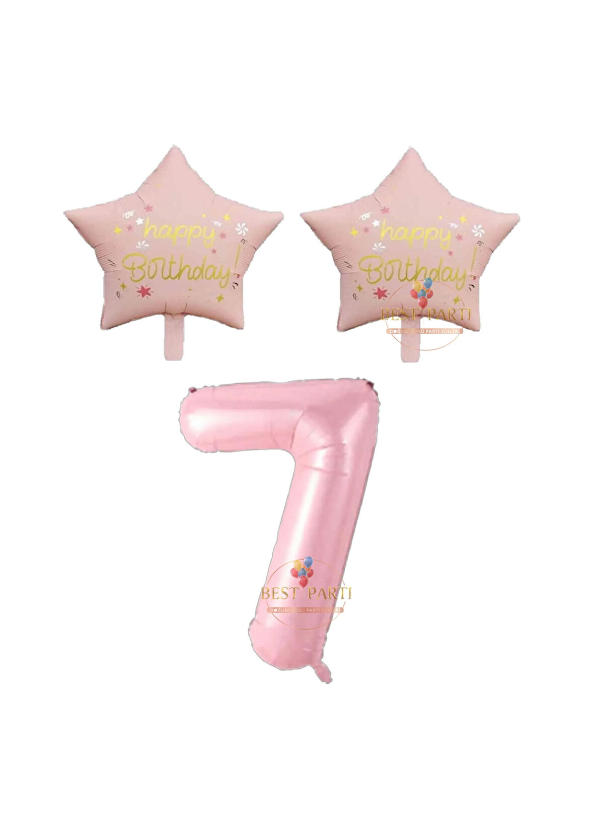 Best Pembe Renk Rakam ve Happy Bırthday Yazılı Yıldız Folyo Balon Seti Yaş 7