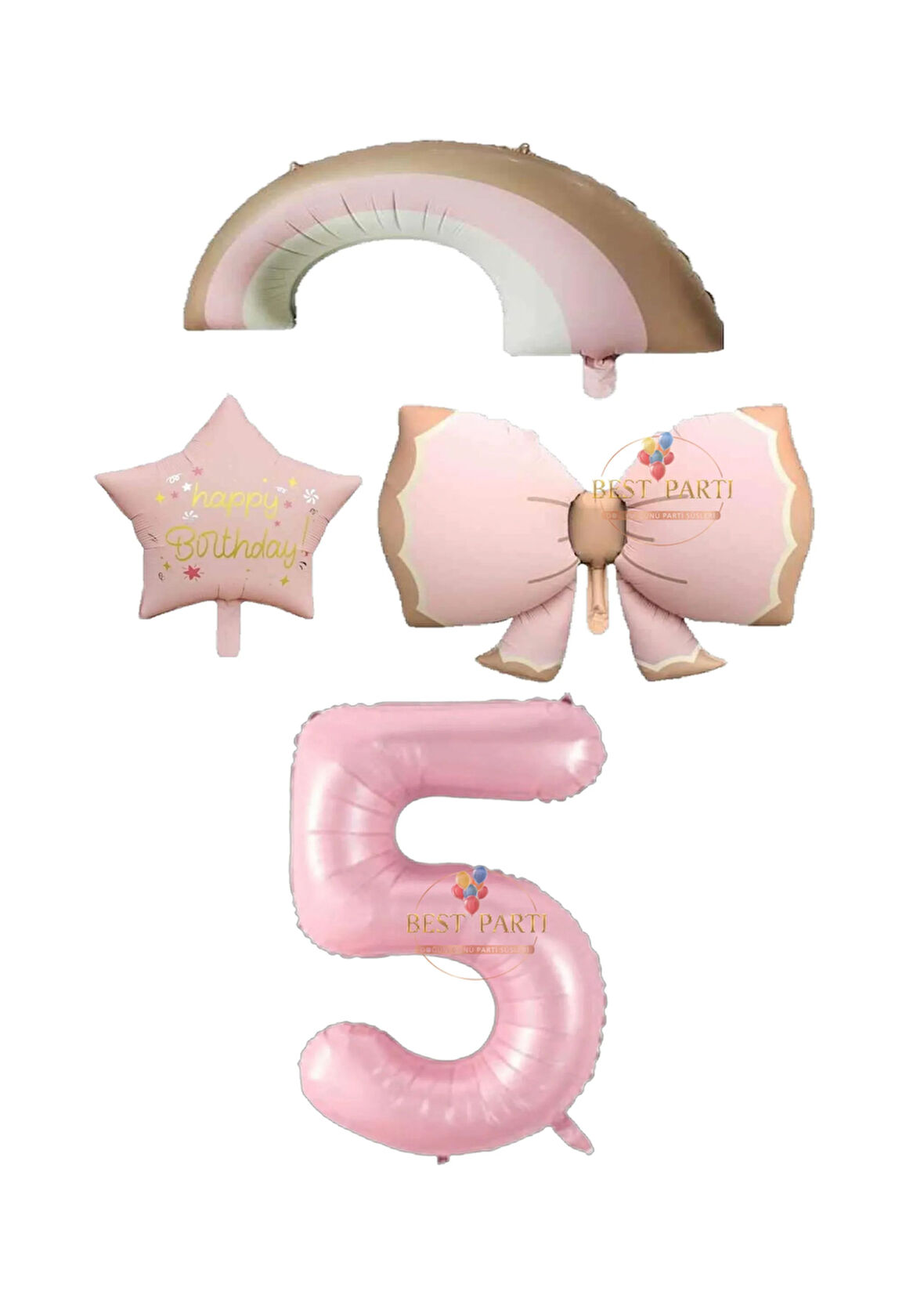 Best Pembe Renk Fiyonk Gökkuşağı Yıldız ve Rakam Folyo Balon Seti Yaş 5