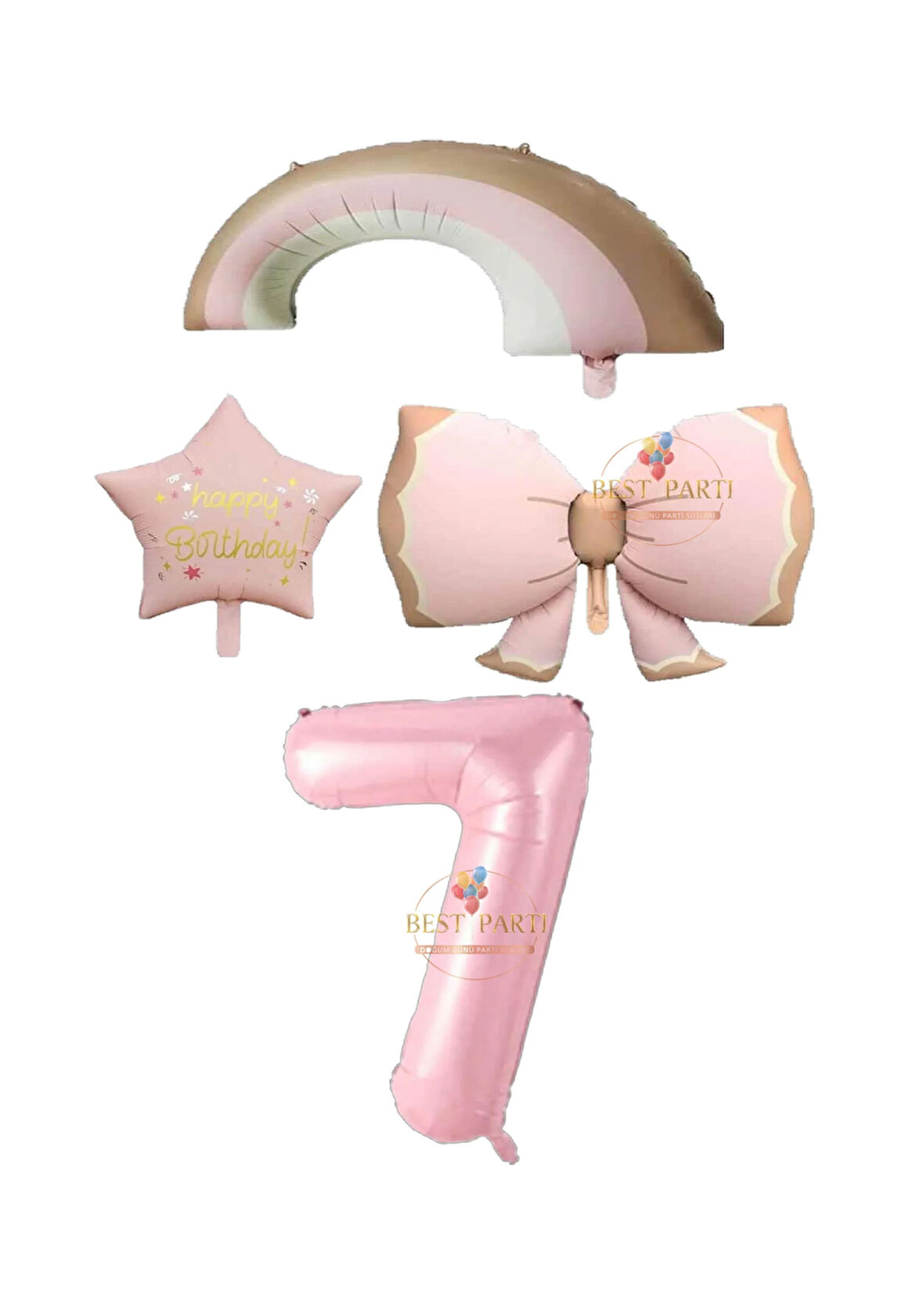 Best Pembe Renk Fiyonk Gökkuşağı Yıldız ve Rakam Folyo Balon Seti Yaş 7