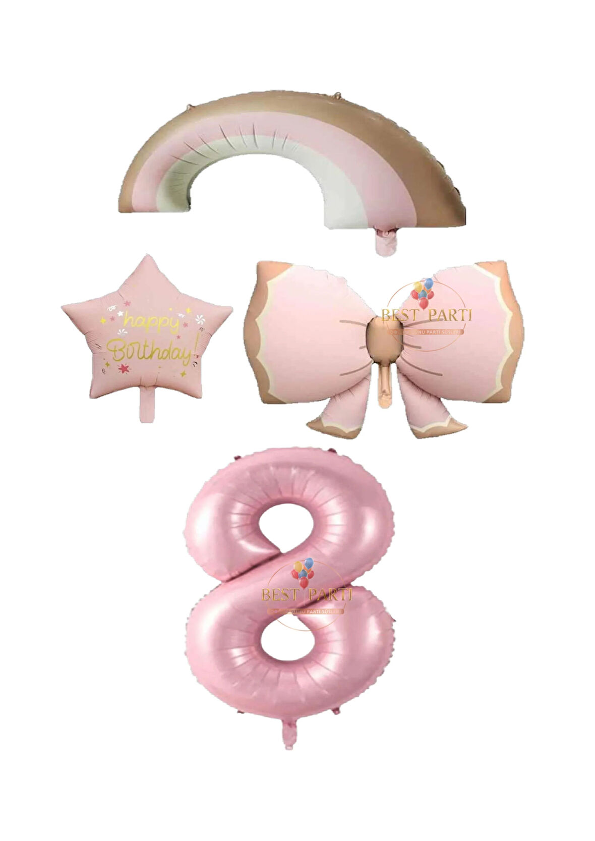 Best Pembe Renk Fiyonk Gökkuşağı Yıldız ve Rakam Folyo Balon Seti Yaş 8