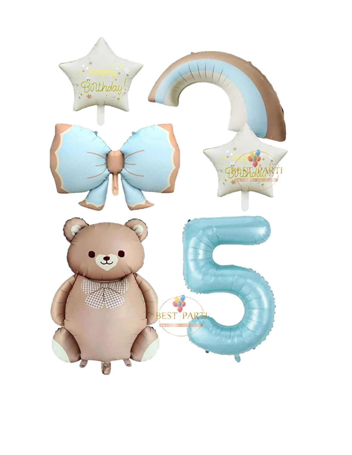 Best Mavi Renk Fiyonk Rakam Gökkuşağı Yıldız ve Karamel Renk Ayıcıklı Folyo Balon Seti Yaş 5