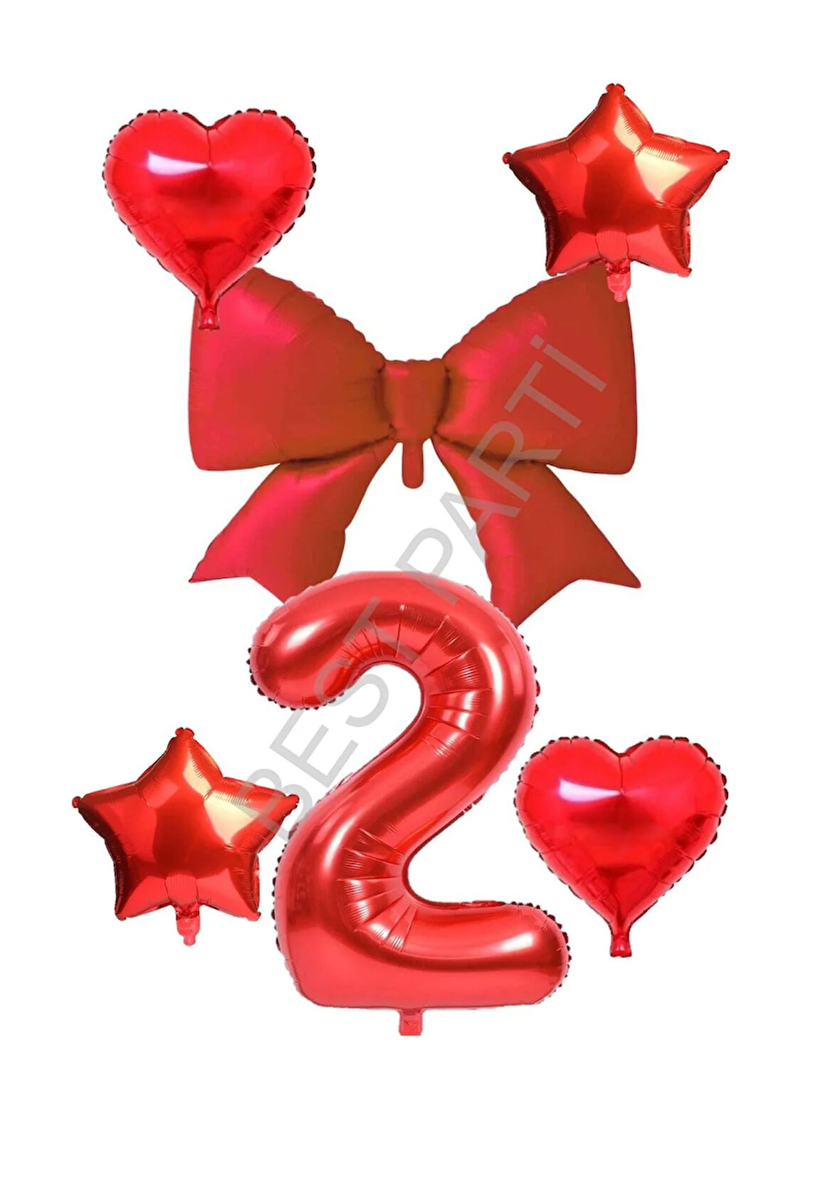 Kırmızı Renk Kalp Yıldız Fiyonk Rakam Folyo Balon Seti Yaş 2