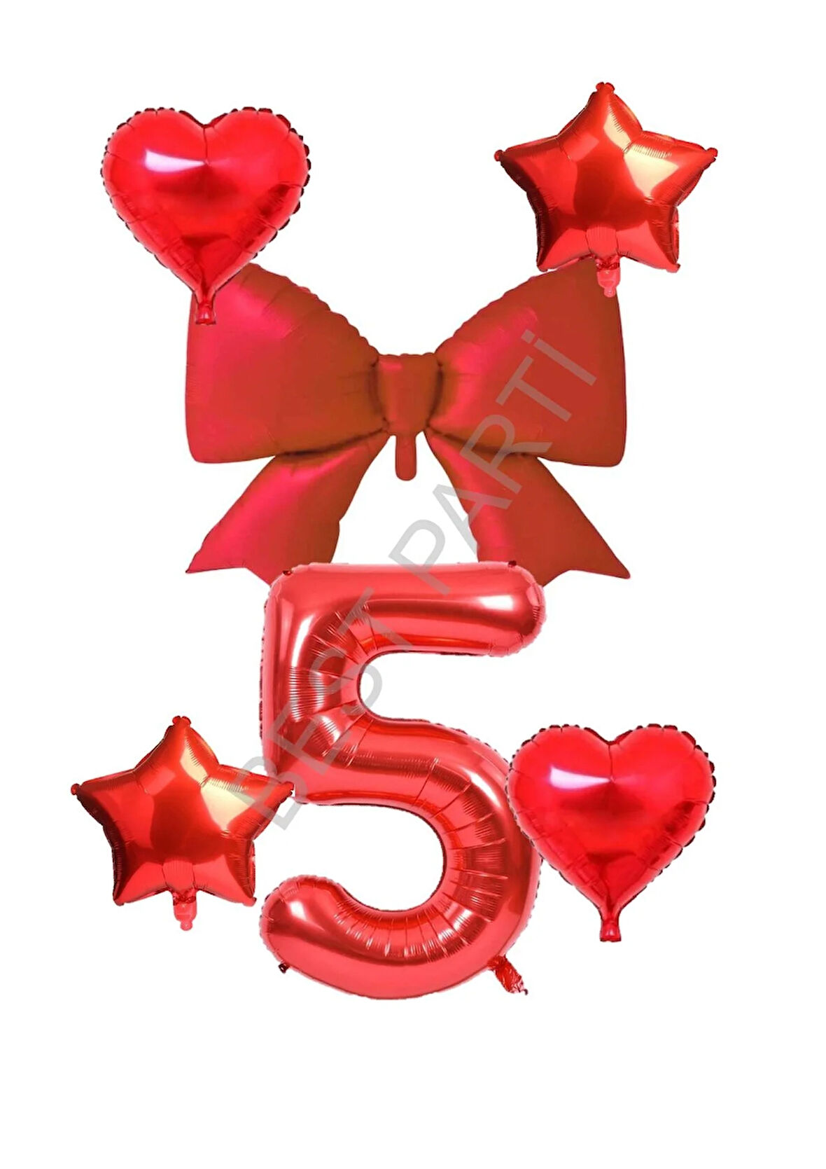 Kırmızı Renk Kalp Yıldız Fiyonk Rakam Folyo Balon Seti Yaş 5