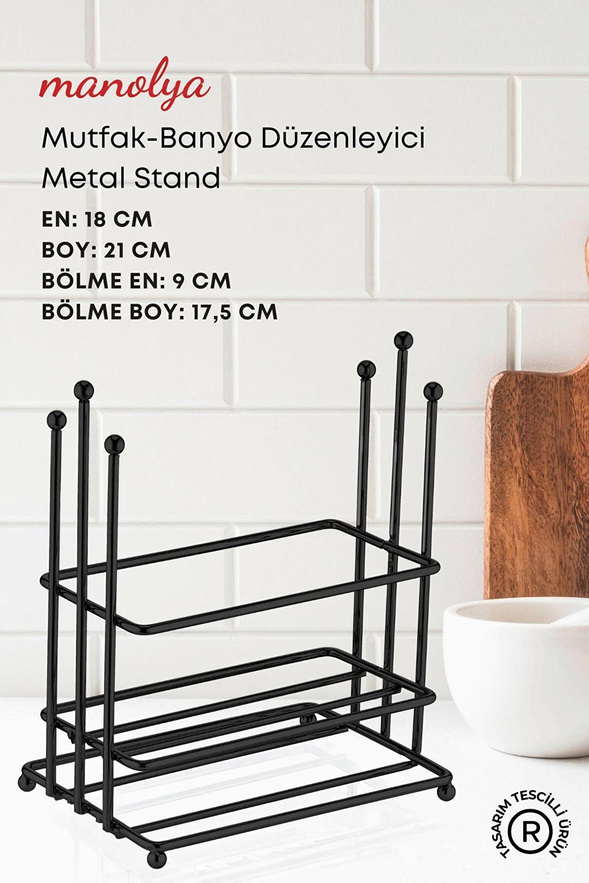 Manolya 2 Bölmeli Siyah Metal Stand Düzenleyici Organizer- Sıvı Sabunluk- Yağdanlık Standı