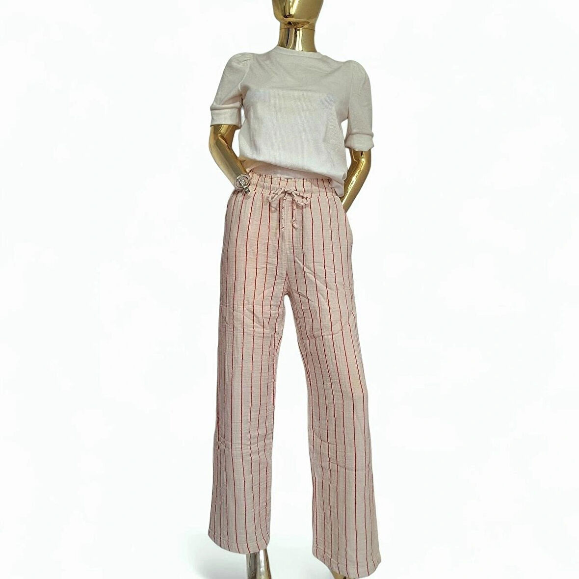 BEYMEN CLUB ORİJİNAL MÜSLİN %100 PAMUK ÇİZGİLİ PUDRA RENGİ GENİŞ KALIP BELİ LASTİKLİ PANTOLON