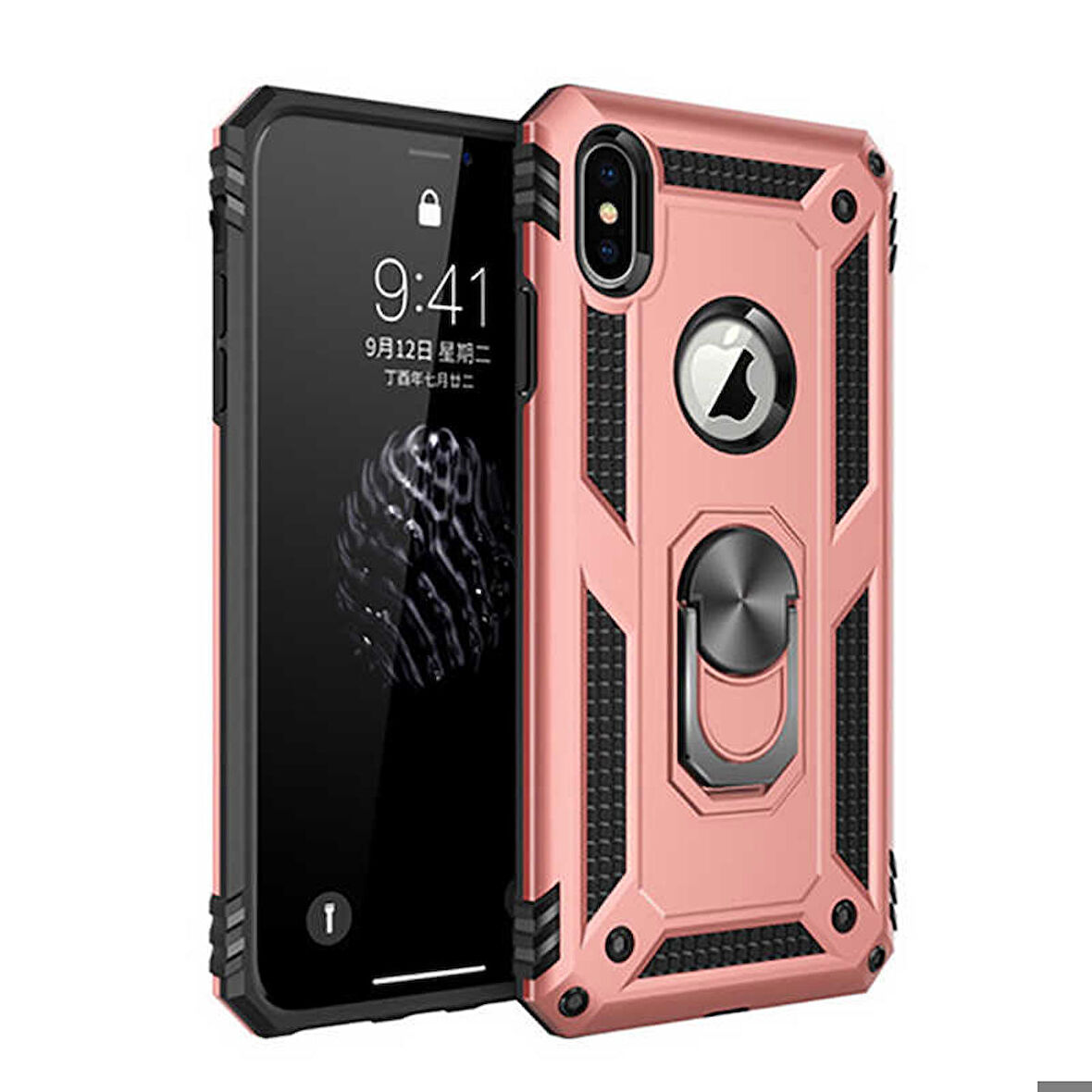 Apple iPhone X Uyumlu Kılıf Standlı Manyetik Yüzüklü Military Ring TPU Cover