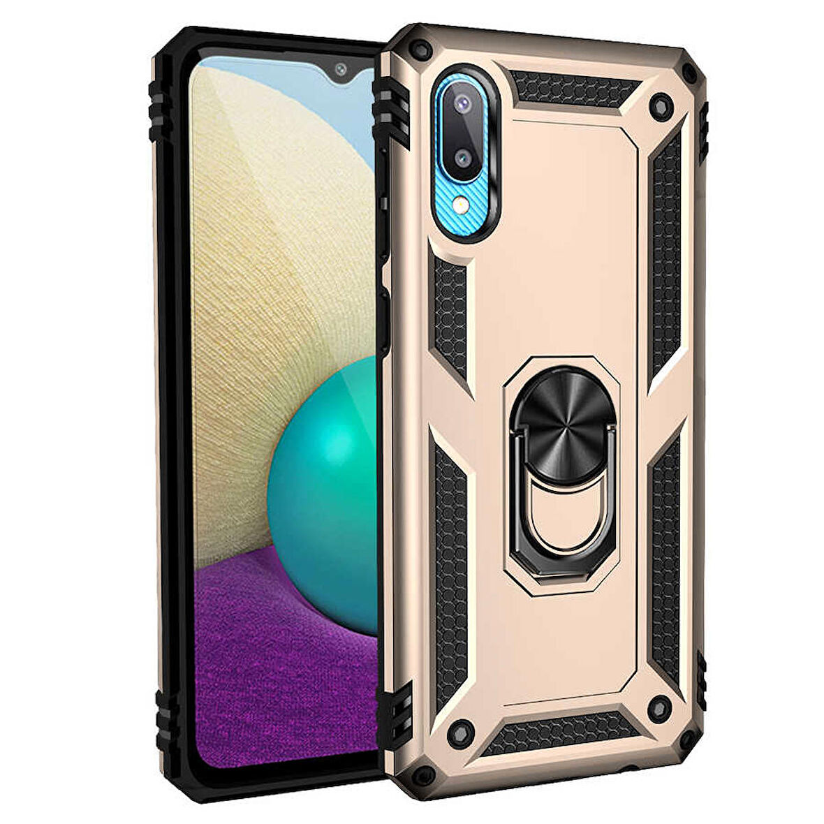 Samsung Galaxy A02 Uyumlu Kılıf Standlı Manyetik Yüzüklü Military Ring TPU Cover