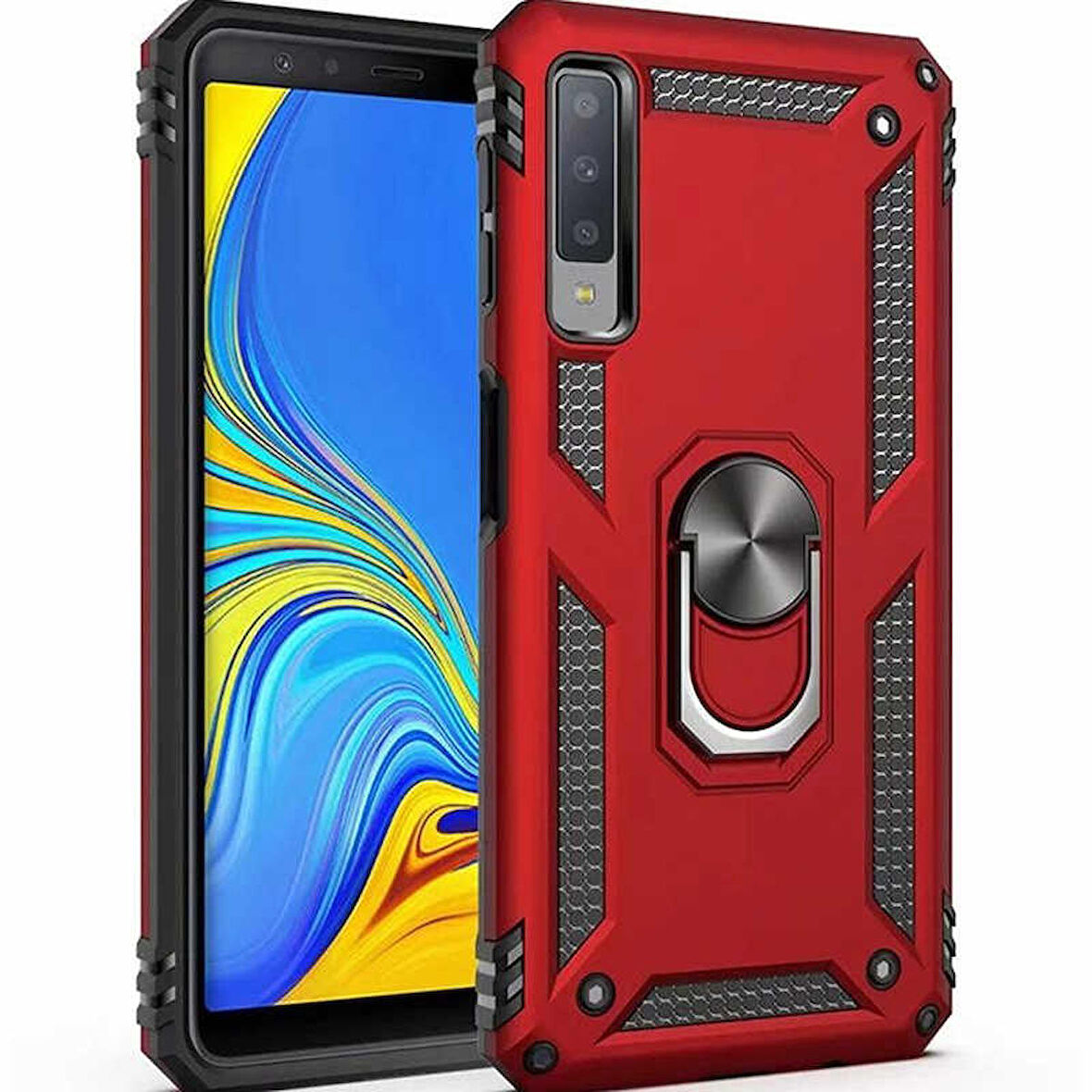Samsung Galaxy A7 2018 Uyumlu Kılıf Standlı Manyetik Yüzüklü Military Ring TPU Cover
