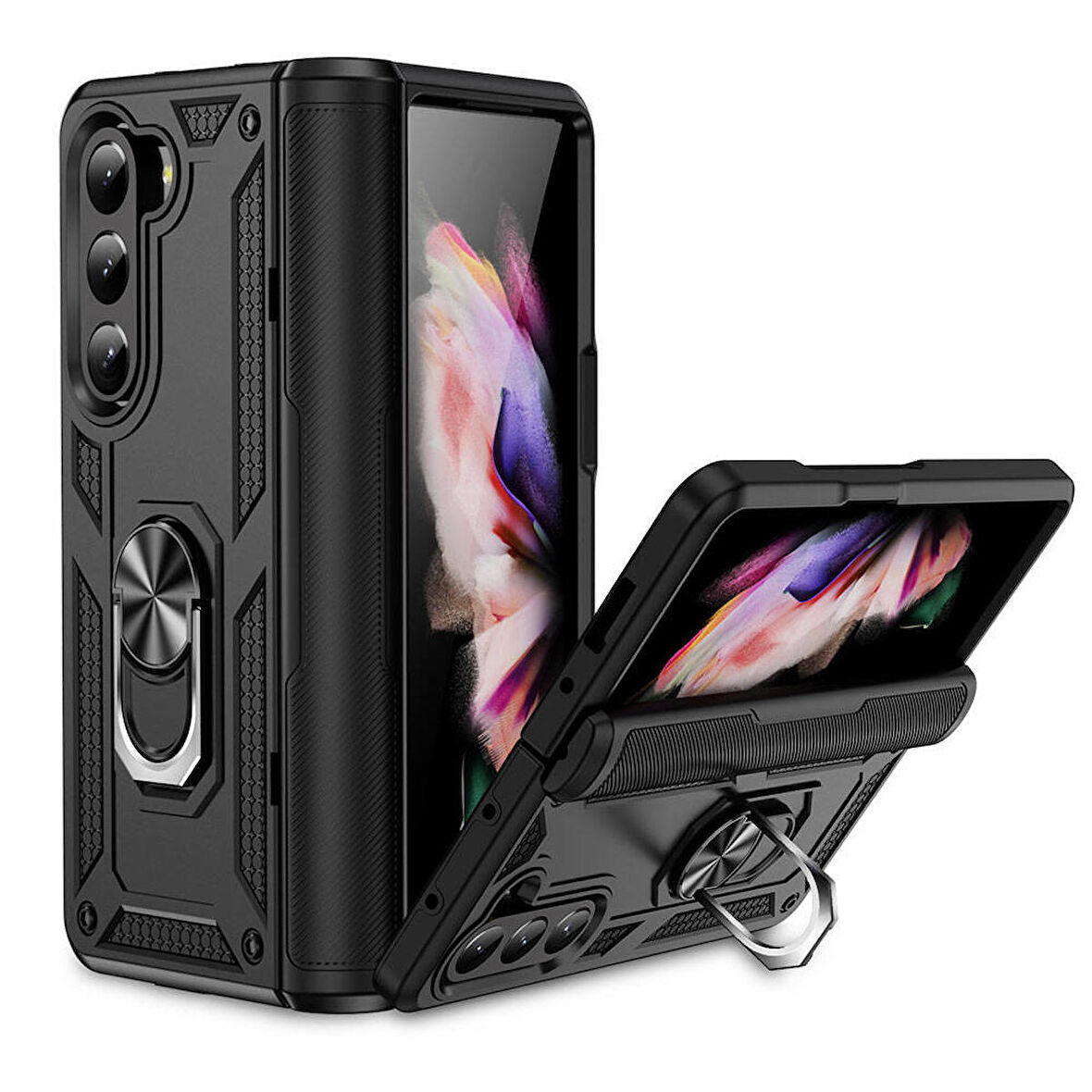 Samsung Galaxy Z Fold 5 Uyumlu Kılıf Standlı Manyetik Yüzüklü Military Ring TPU Cover