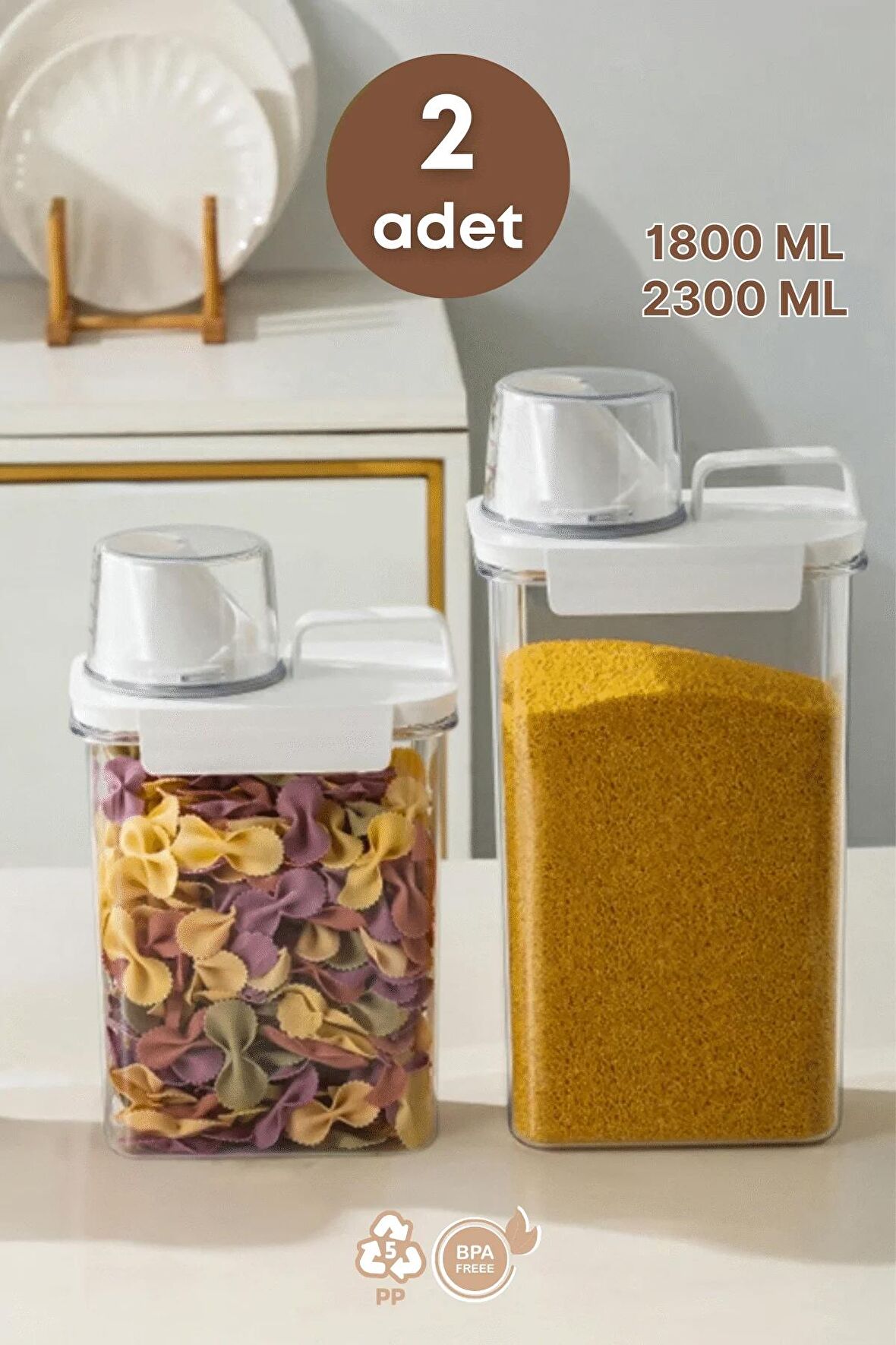 2 Li Sızdırmaz Depolama Erzak Bakliyat Saklama Kabı- Ölçekli Kapak 1800 ml 2300 ml Etiket Hediyeli