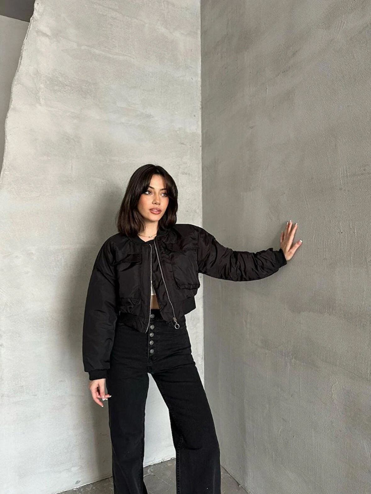 Kısa Bomber Geniş Cepli Crop Kadın Mont
