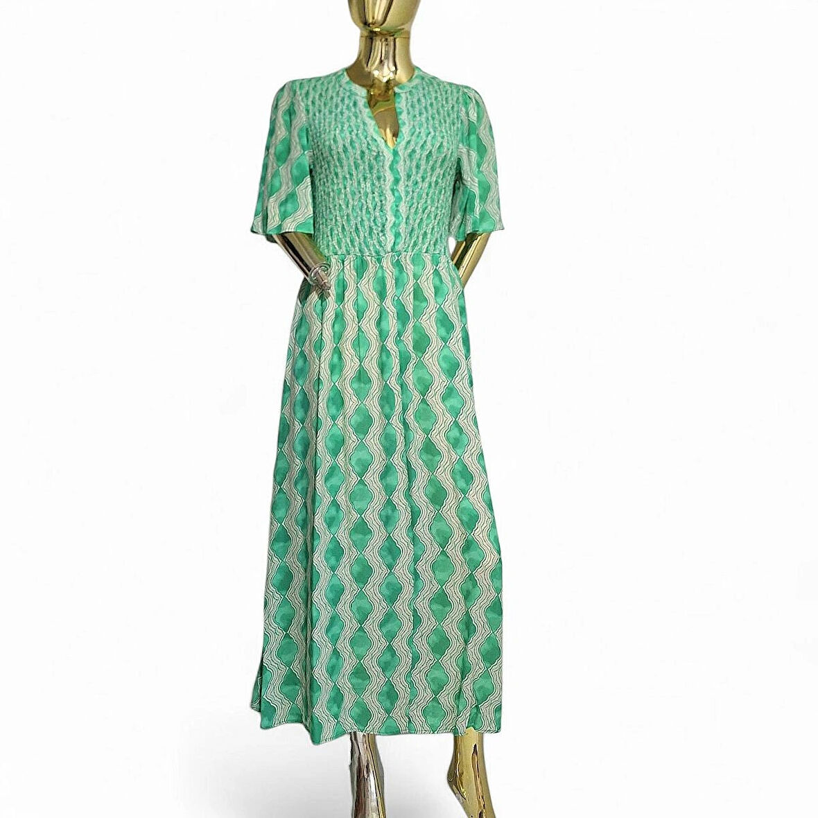 VİSKON YARIM KOL YAZLIK UZUN / MİDİ BİLEK ÜSTÜ DİZ ALTI YEŞİL KREM DESENLİ DOKULU ELBİSE