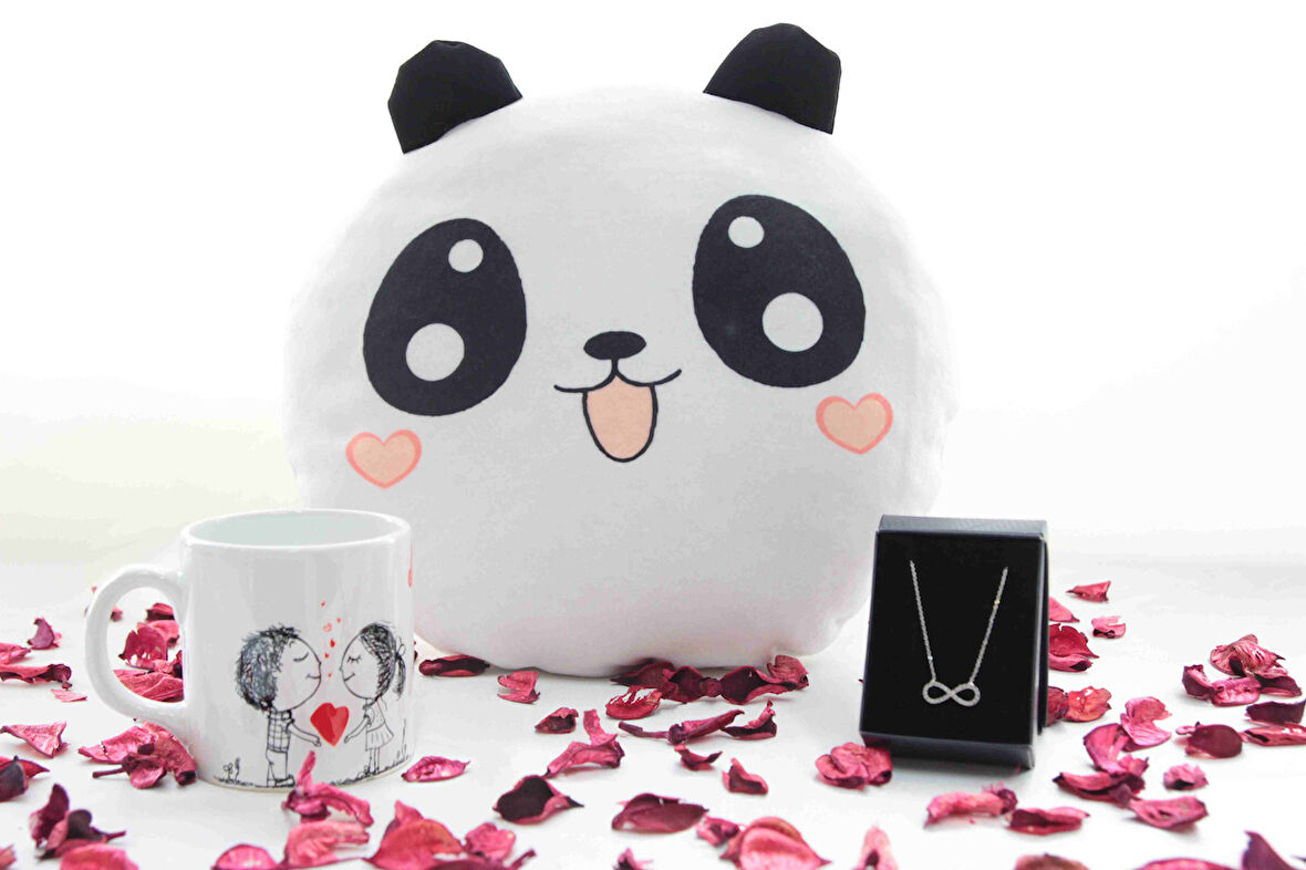 Panda Temalı Yastık Sonsuzluk Kolye ve Sevgililer Temalı Kupa Sevgiliye hediye