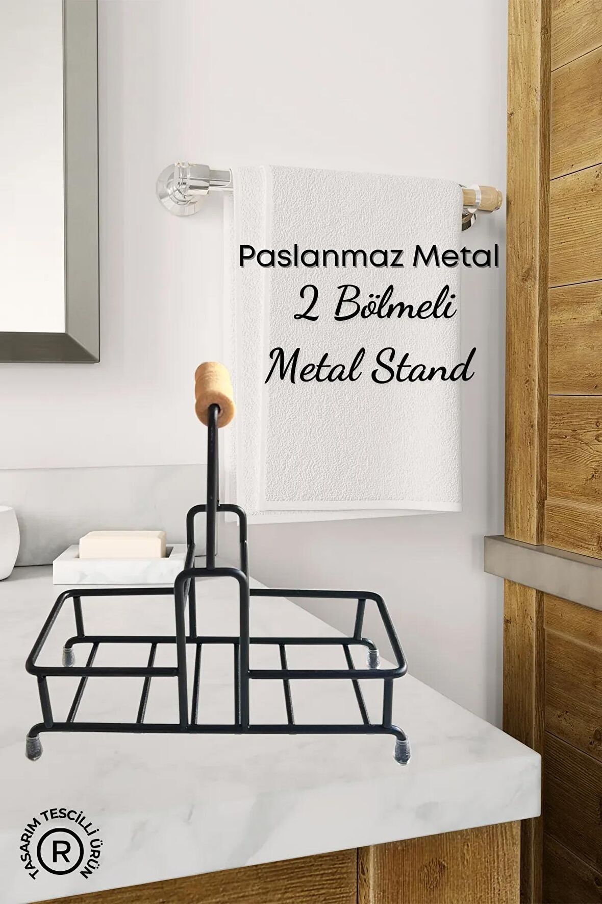 2 Bölmeli Çok Amaçlı Ahşap Kulplu Metal Stand Banyo Düzenleyici Organizer