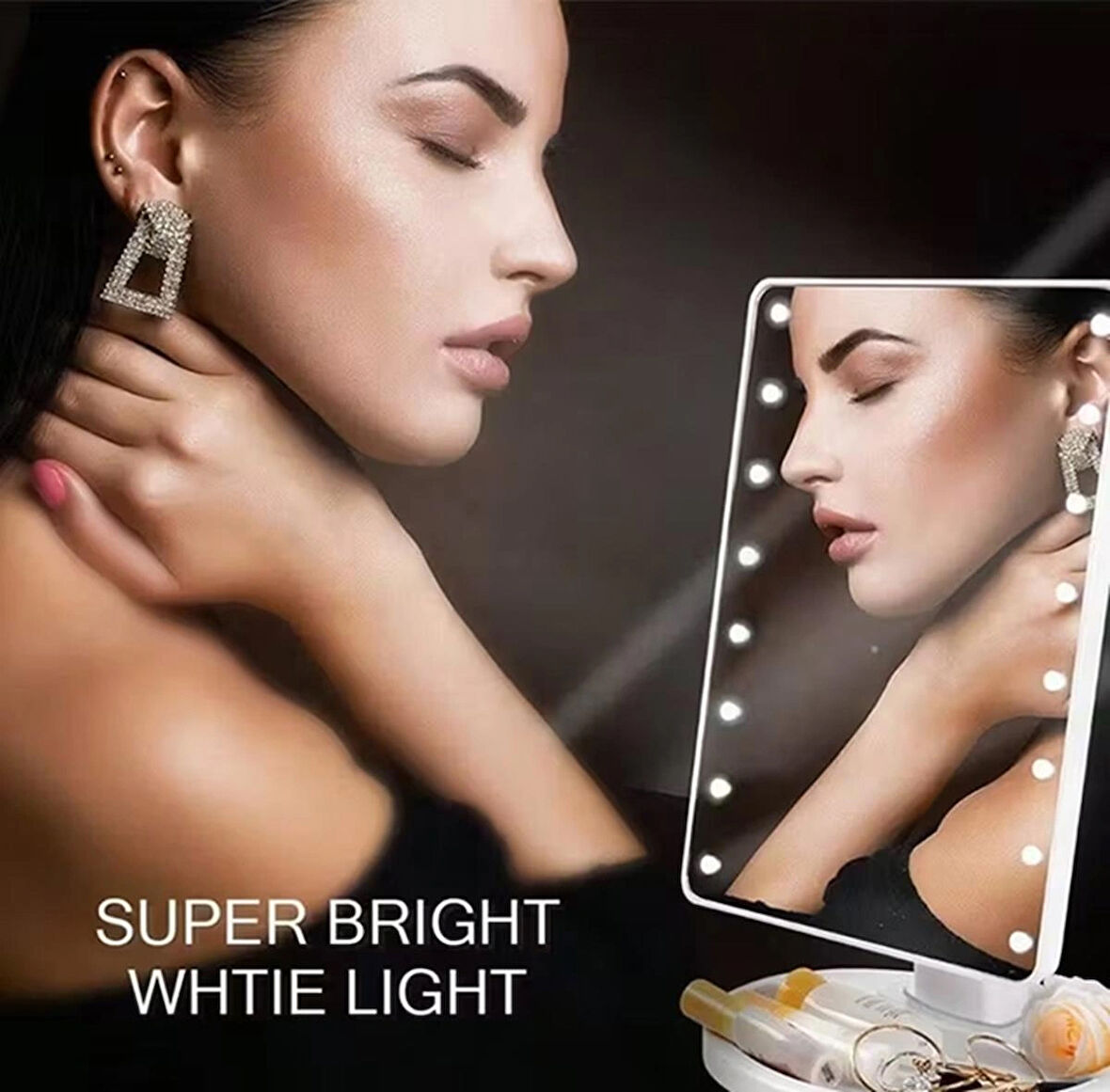 USB Şarjlı LED Işıklı Makyaj Aynası – 180° Döner Başlıklı, Parlaklık Ayarlı, Dokunmatik Masaüstü Vanity Mirror