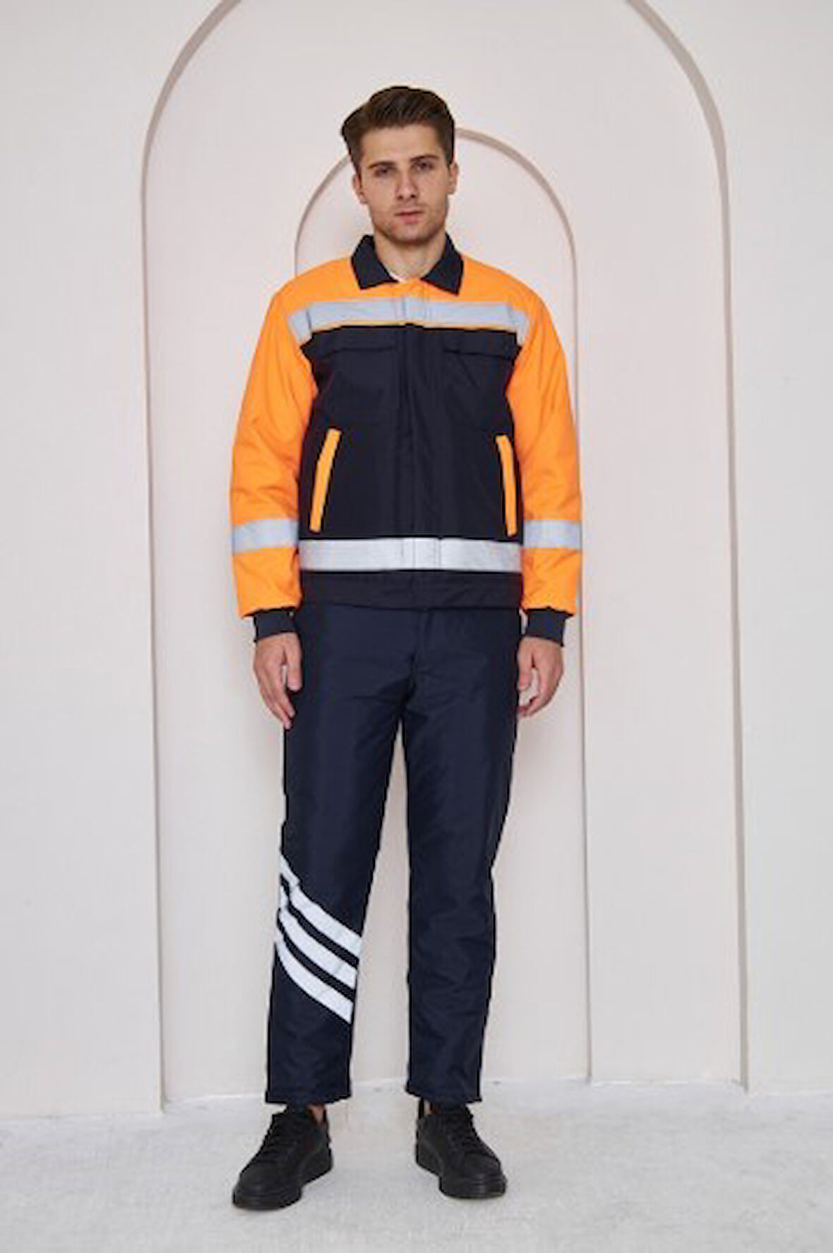 Orange Safety Turuncu Robalı Lacivert Soğuk Hava Mont Pantolon Takımı Su Ve Rüzgar İticili