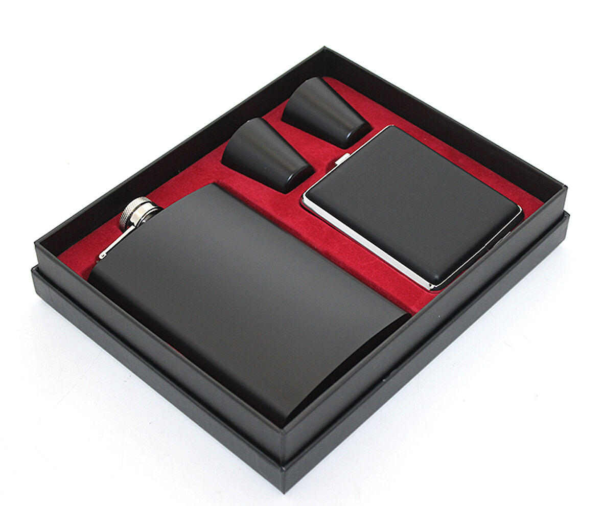 Paslanmaz Çelik 2 Shot Bardak Ve Sigara Tabakalı Matara Seti