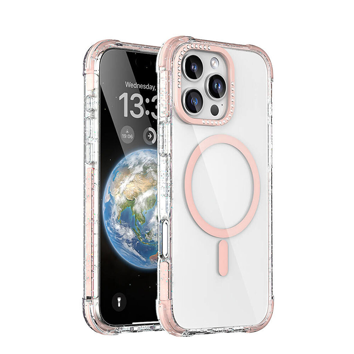 Apple iPhone 16 Pro Uyumlu Kılıf Parıltılı ve Şık, Taşlı ve Simli Magsafe Şarj Destekli Kapak