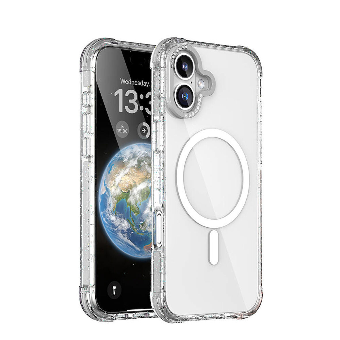 Apple iPhone 16 Uyumlu Kılıf Parıltılı ve Şık, Taşlı ve Simli Magsafe Şarj Destekli Kapak