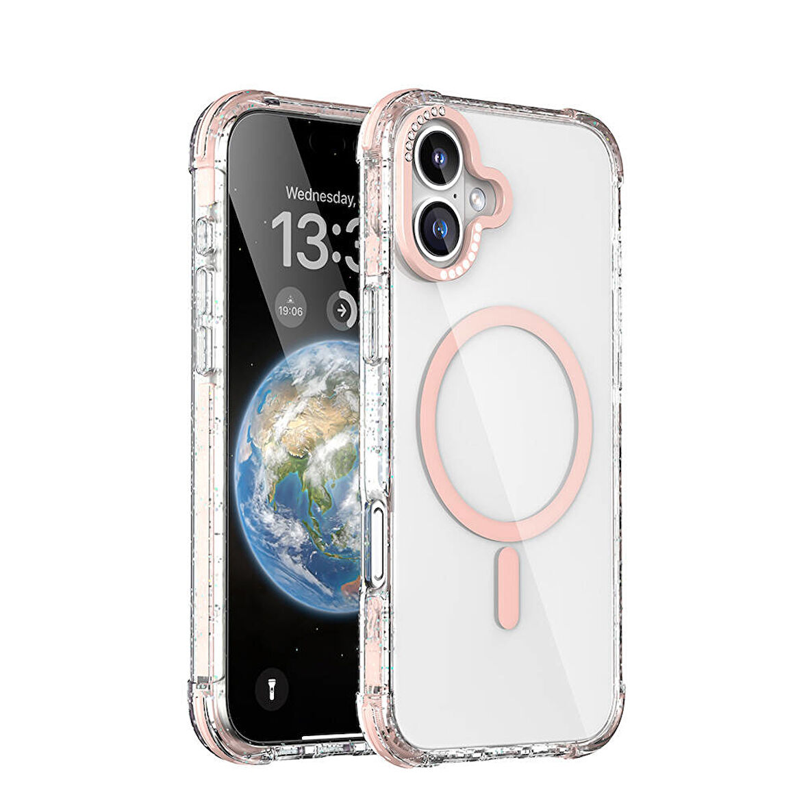 Apple iPhone 16 Uyumlu Kılıf Parıltılı ve Şık, Taşlı ve Simli Magsafe Şarj Destekli Kapak